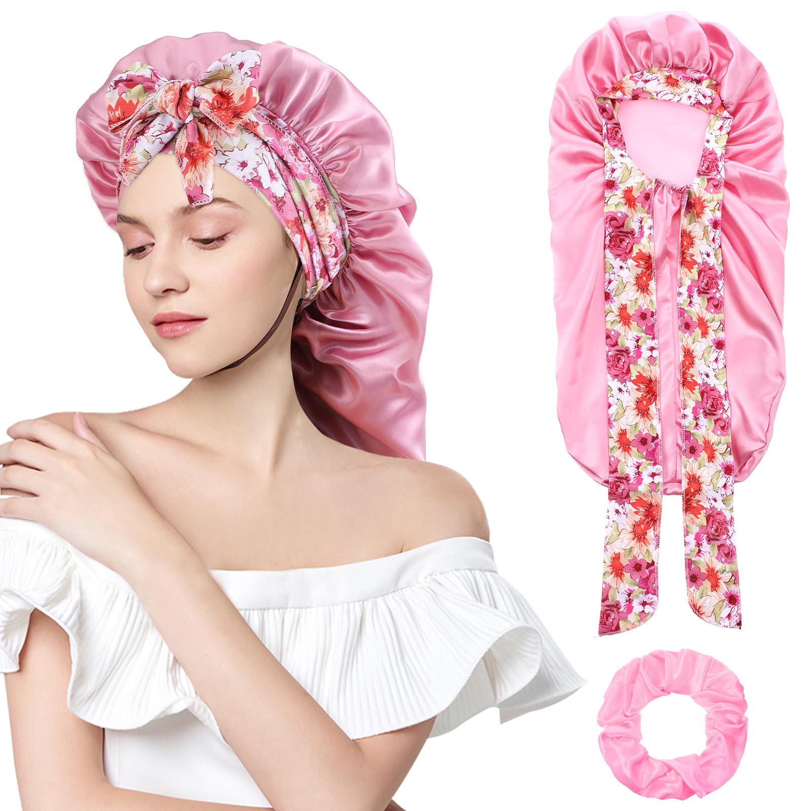 Long Satin Bonnet for Sleeping, Print Silk Bonnets for Long Hair Jumbo Silky Bonnets with Scrunchies Women Sleeping Cap for Braids Thick Curly Hair(