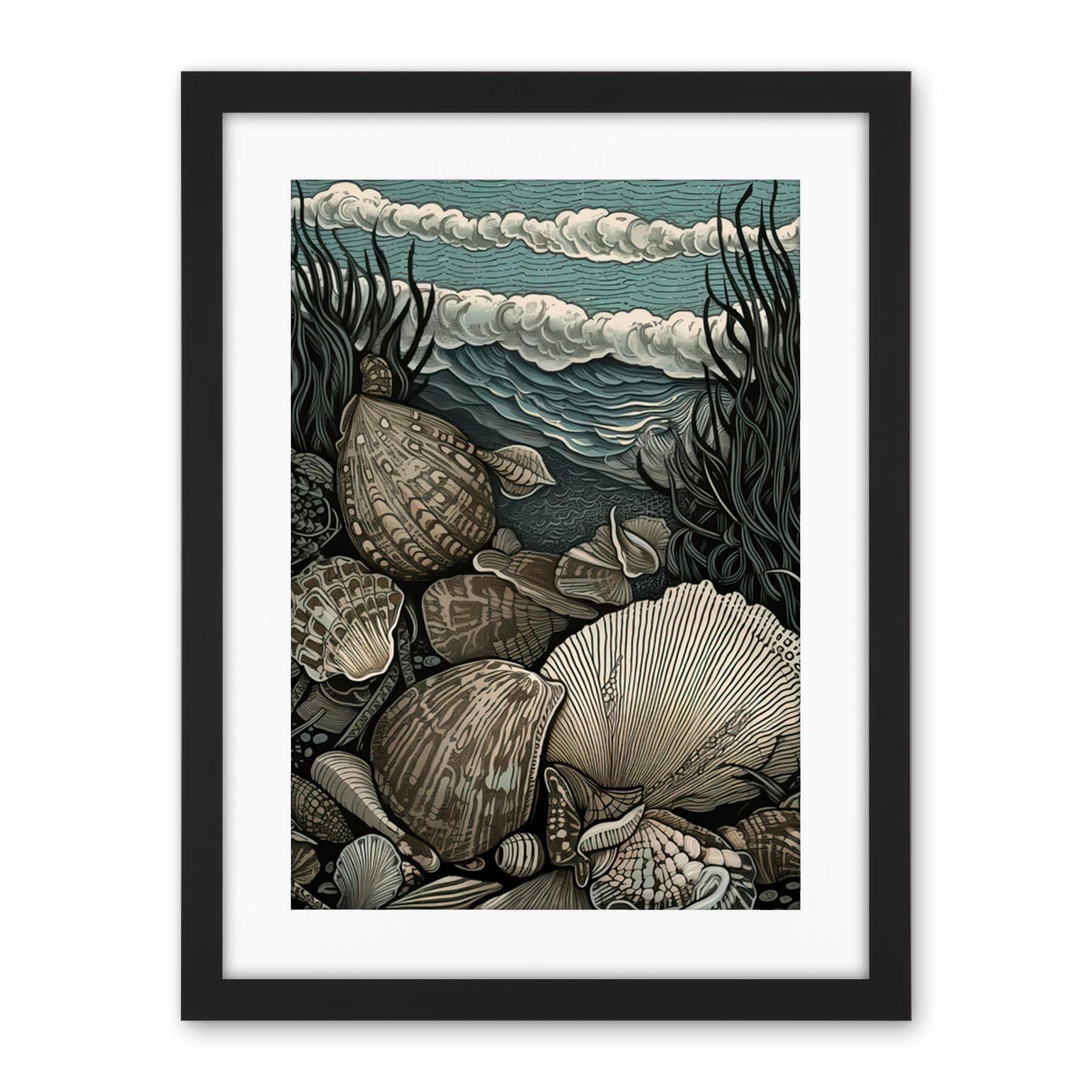 Artery8 Seashells by the Shore Modern Coastal Illustration Artwork Framed Wall Art Print 18X24 Inch