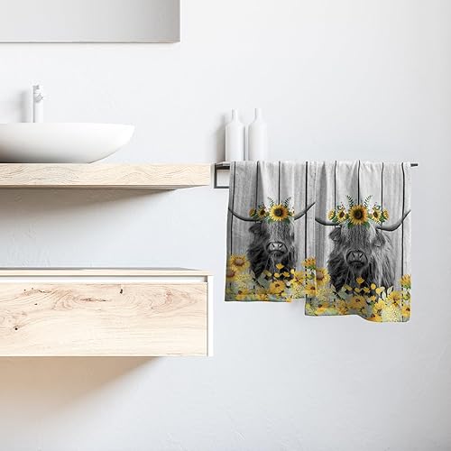 Miniatura 6 de Highland Cow - Juego de 2 toallas de mano de margaritas amarillas, suaves, absorbentes, toallas de cocina decorativas para baño, para el gimnasio de
