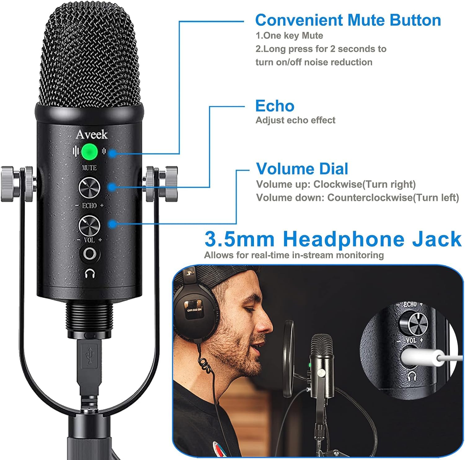 Aveek USB Kondensatormikrofon mit Arm,Streaming Mikrofon mit Popfilter, Gaming Mikrofon mit Kopfhörer-Überwachung für Podcast,Aufnahme,Studio, YouTube