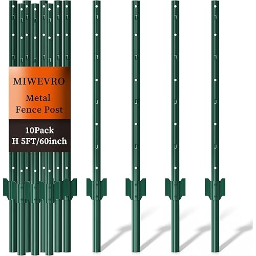 10 Pack Garden Fence Post, 5 Feet Heavy Duty Metal U-Post for Wire Fence, No Dig Garden Fence Stakes for Temporary Fencing, Electric Fence Wire, Corner Anchor, and More-Green