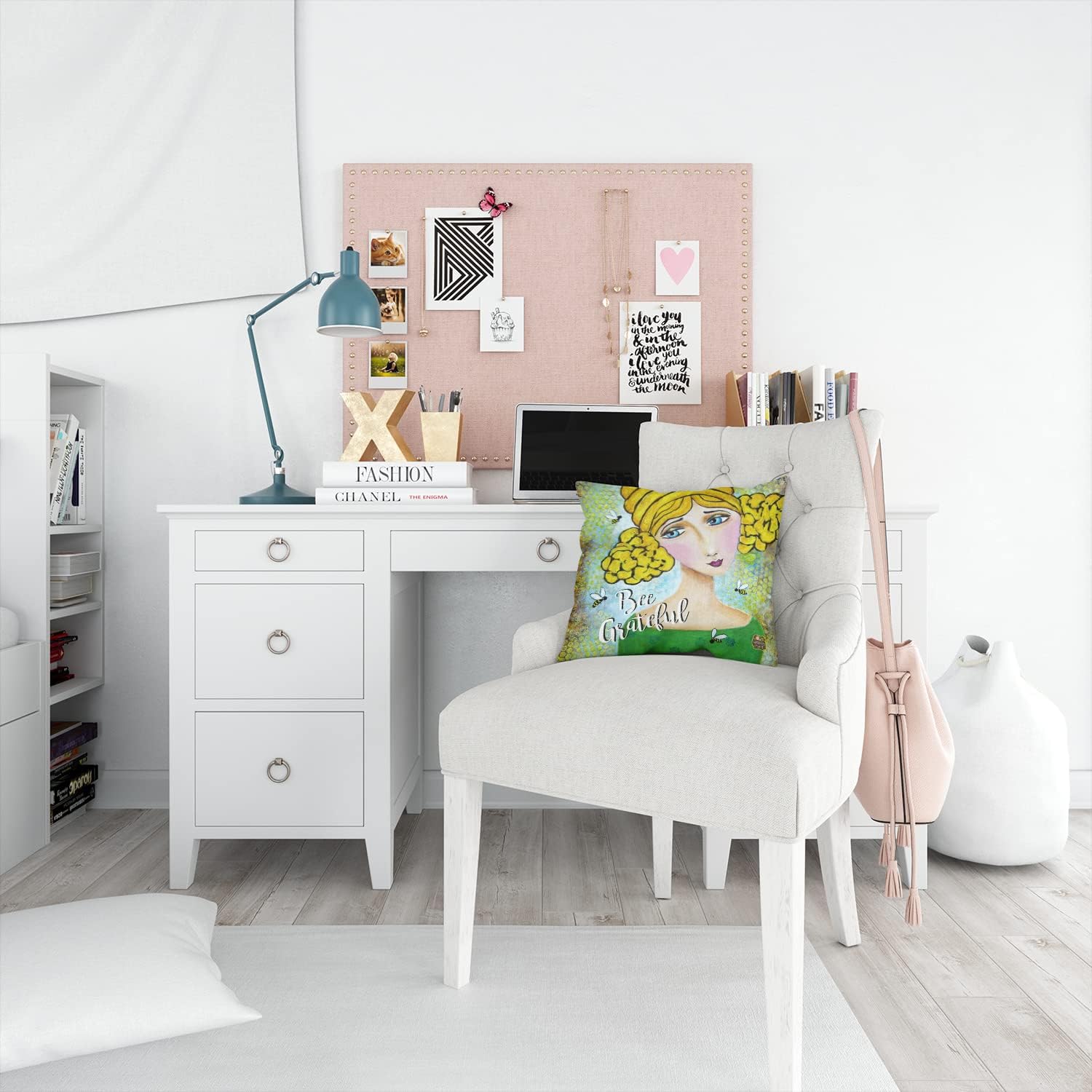 Caroline's Treasures VHA3008PW1414 Bee Grateful Girl with Beehive Fabric Decorative Pillow Machine Washable, Indoor Outdoor Decorative Pillow for Couch, Bed or Patio, 14Hx14W