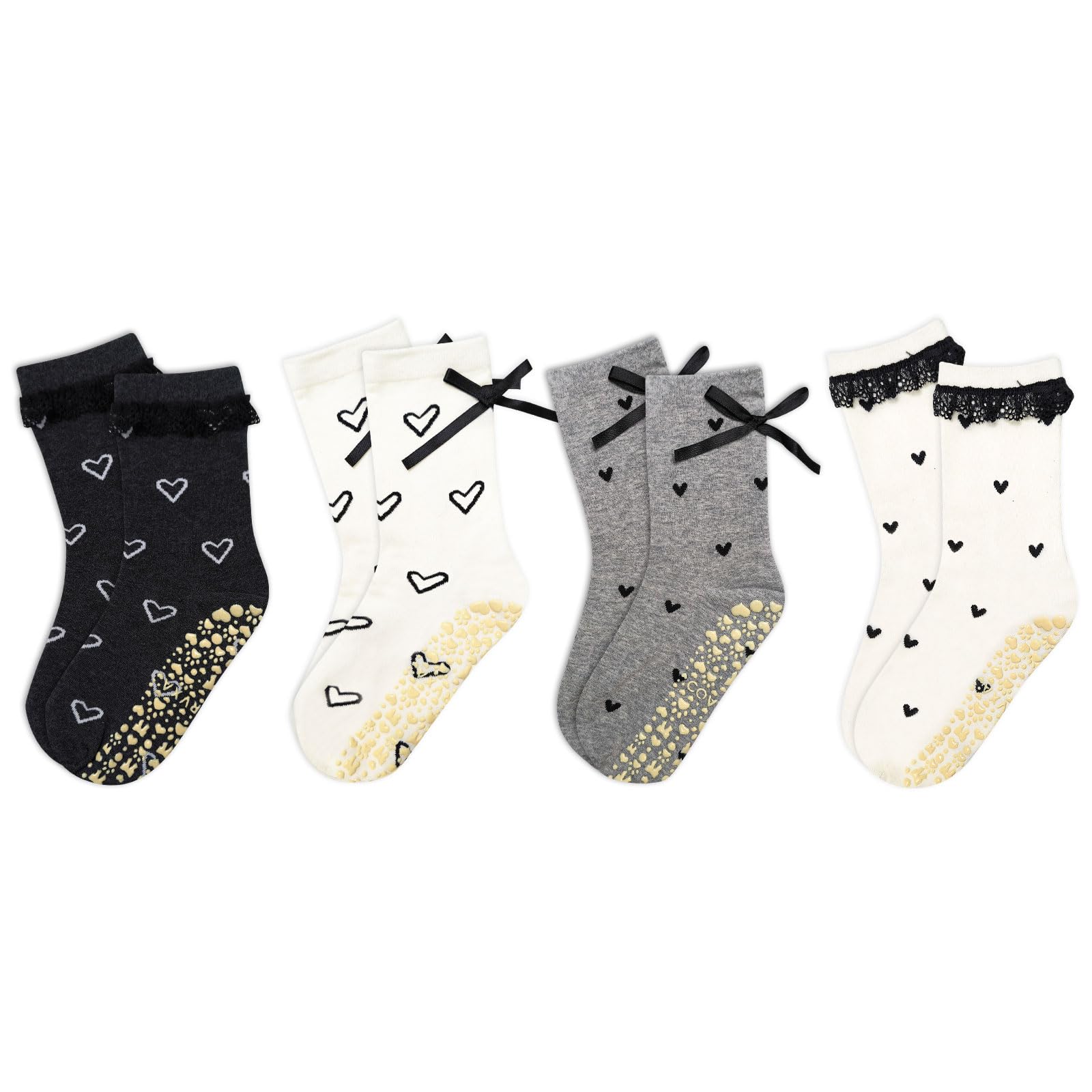COARVXA 4Pairs Cute Pilates Grip Socks for Women Lace-trimmed Bow Pattern Non Slip Grip Socks for Yoga, Barre, Barefoot