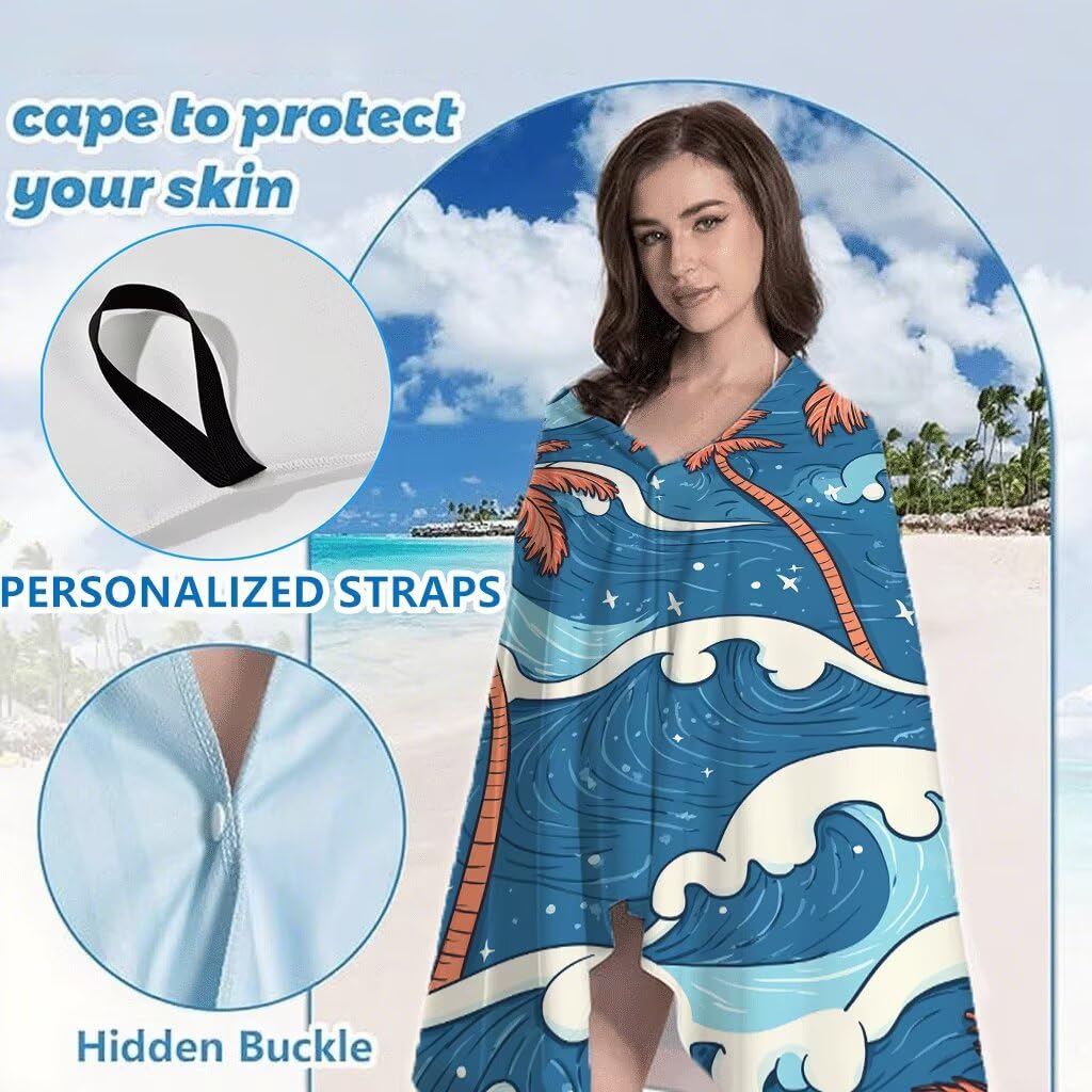 Serviette de Plage 90x200cm, Bleu Serviette Microfibre Lot de 2 Flots Motif Ultra Absorbantes Séchage Rapide Anti Sable Légère Drap de Plage avec Bouton Pression Design pour Piscine Voyages, Model446