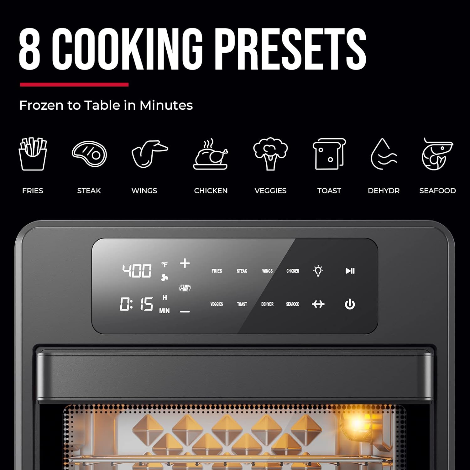BLAZANT Air Fryer Oven control panel showing 8 cooking presets