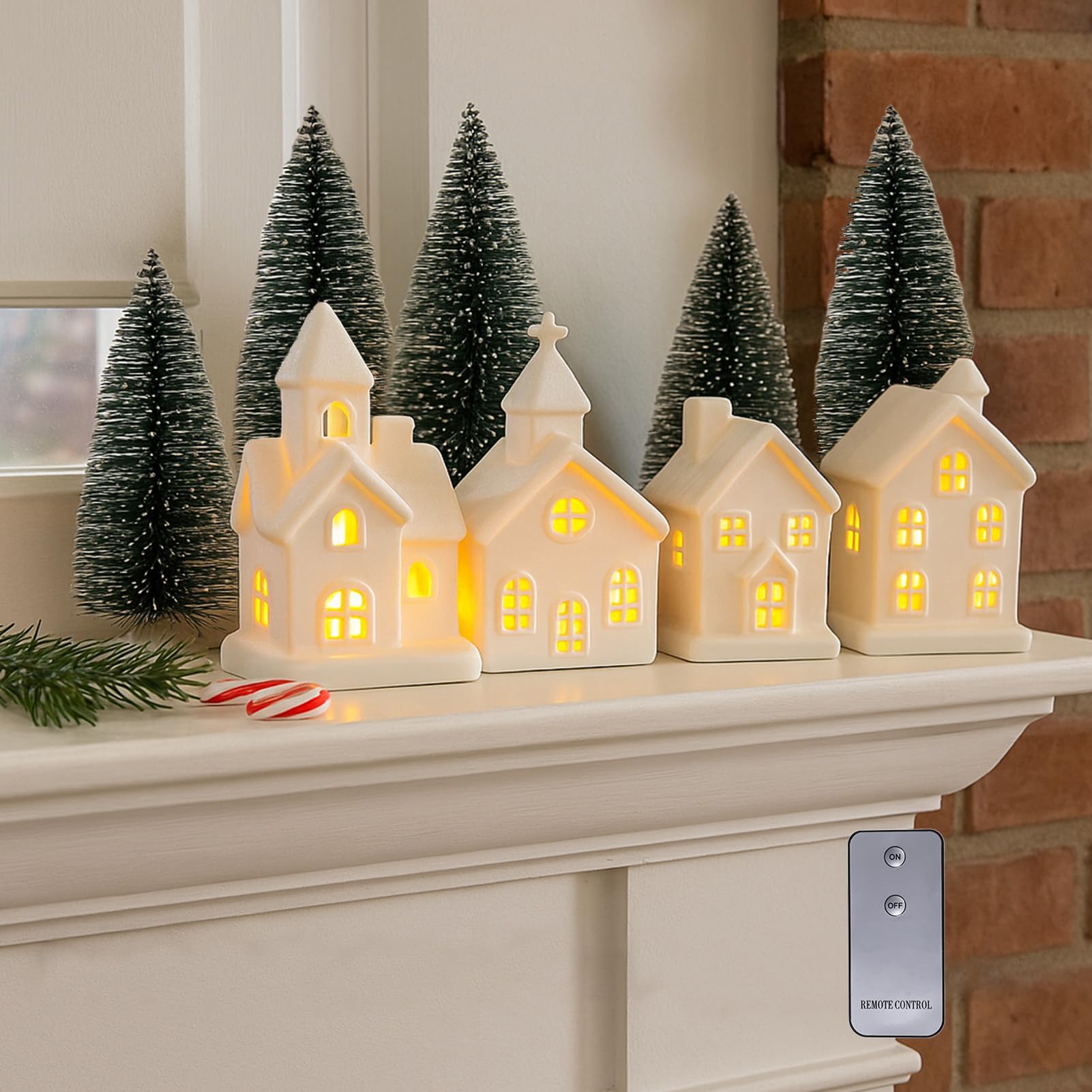 Village de Noël en coffret cadeau : 4 maisons lumineuses et sapins