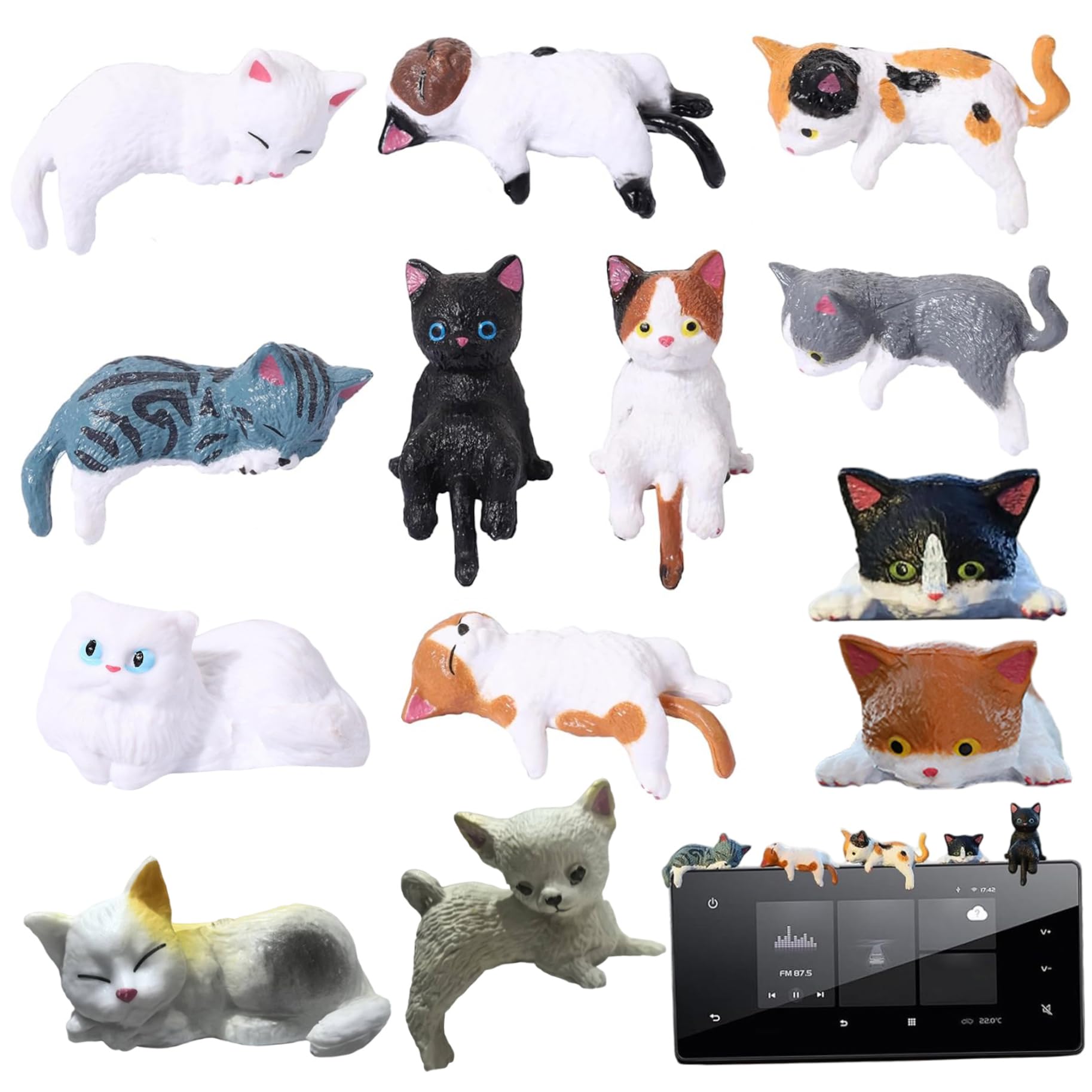 Ameble Mini Cat Desk Figurines 13PCS, Cute Resin Tiny Cat Figurines for Dashboard Monitor Bookshelf Office Decor Mini, Tiny Decor, Resin Statue, Desk Ornament, Dashboard Figu