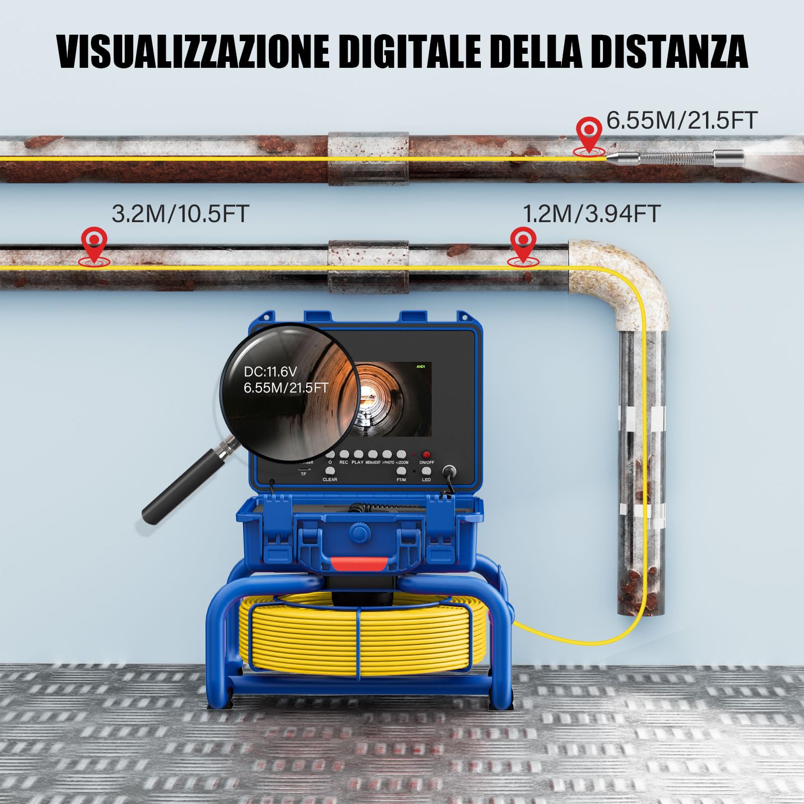 Telecamera Ispezione Tubi 30 Metri con Ricevitore 7" DVR Telecamera Endoscopica del Tubo Scarico Fognario Conduttura Industriale IP68 Impermeabile Autolivellante con Contatore di Distanza