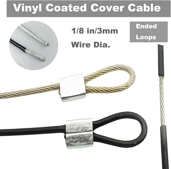 1/8(3mm) Wire Diam Stainless Steel Cable Eyelets Loops Short Rope Lanyard Safety Tether Chain Lock with Vinyl Coated Cover, 20Pcs 6 Long Black