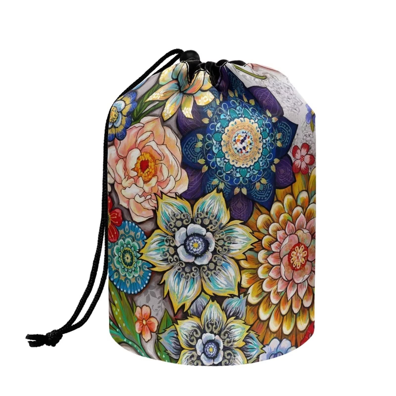 chaqlin Hippie Lotus Print Travel Cosmetic Bags Barrel Makeup Bag,Women Girls Portable Foldable Cases Multifunctional Toiletry Bucket Bags Round Organizer Storage Pocket — view 21