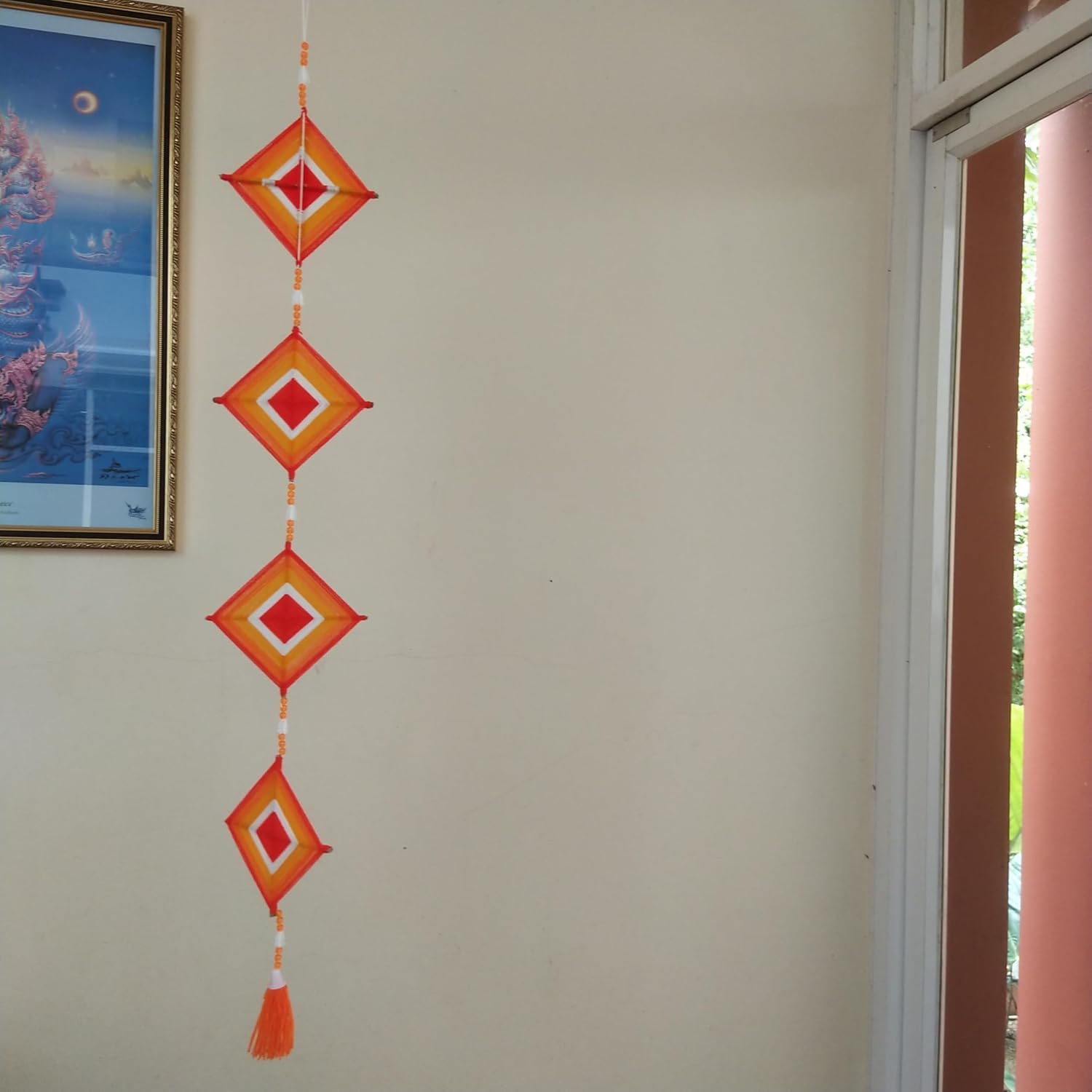 Wall Decorative Dreamcatcher Orange Tung Hanging Square Ornaments with Beads 6" Diameter and 40" Long D-106