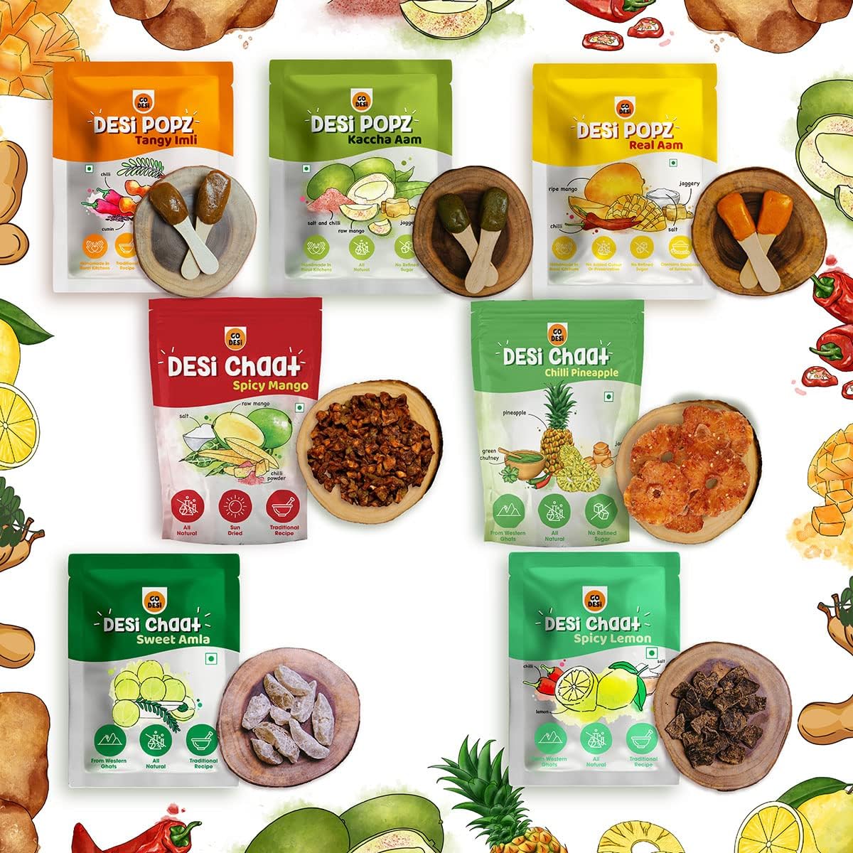 GODESi Holi Hamper with Assorted Indian Snacks Imli Pop (10 Pieces), 2 Lemon Chaat (36 g), 2 Jack-fruit Bars (50 g), 2 Dried Amla (70 g), 1 Banana Bites (35 g)