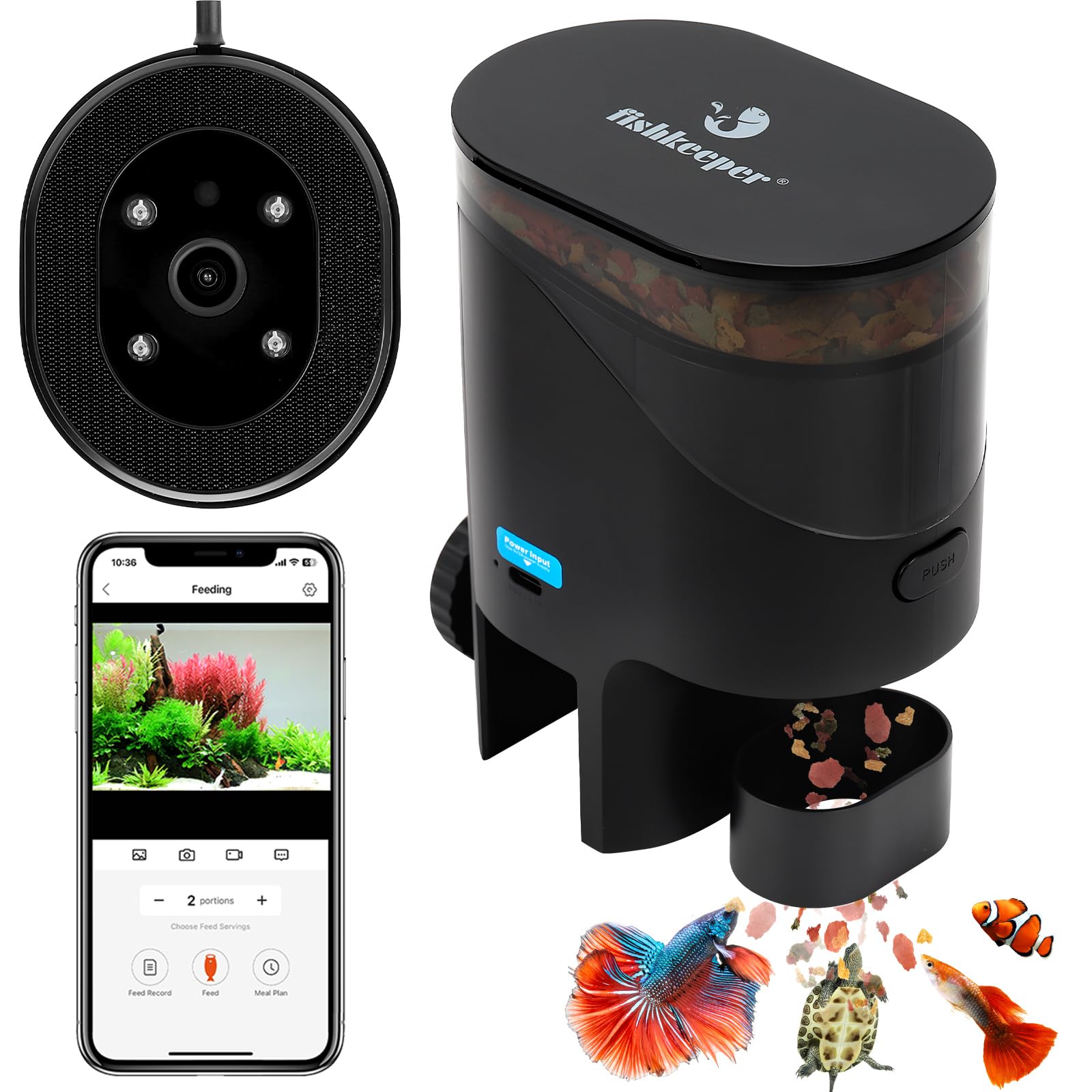 fishkeeper Mangiatoia automatica WiFi per acquario con fotocamera HD e app | Mangime automatico programmabile per pesci, con timer, 230 ml, per fiocchi, tartarughe, Wi-Fi (2,4/5 GHz)