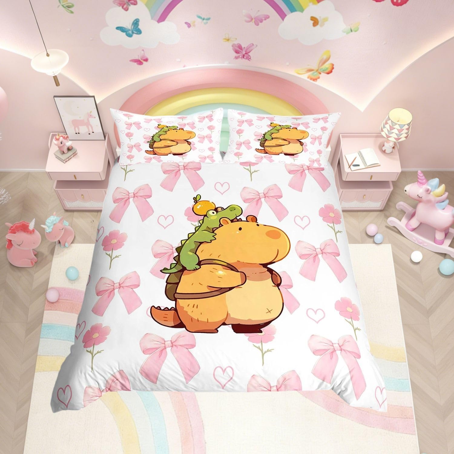 Homewish Kids Cute Capybara Duvet Cover Set Girls Super King Bedding Pink Bows - Cartoon Capybara Crocodile Animal Print Quilt Cover with Pink Reverse Kawaii Bowknot Floral Bed Set - 2 Pillowcases