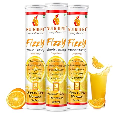 Nutriient Vitamin C & Zinc Effervescent Tablets - 60 Tablets | Stronger Immunity | Clear & Glowing Skin | Antioxidants | Sugar Free | Tasty Orange Flavour (60 Days Pack)