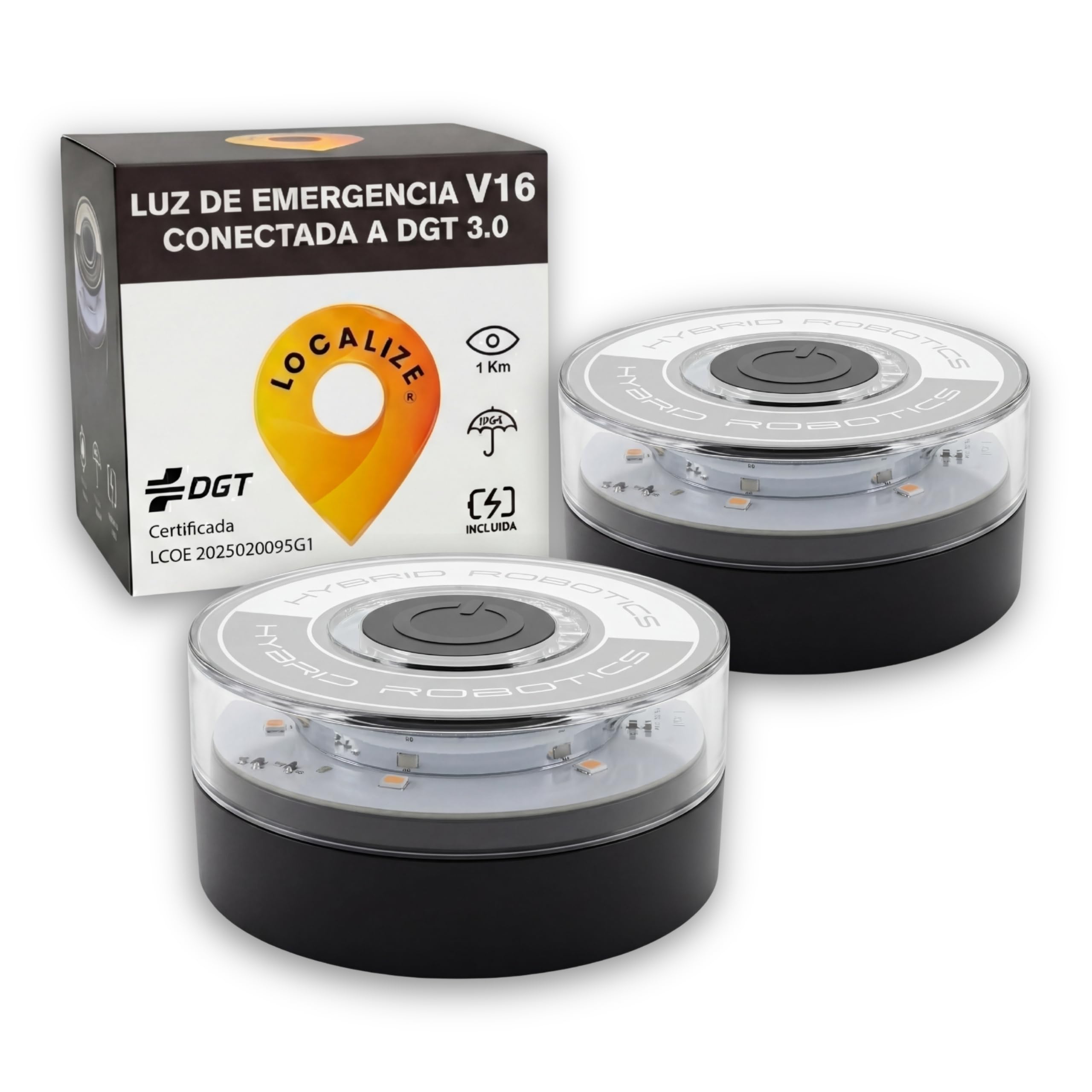 2 Beacons V16 Emergency Light Approved DGT 3.0 Geolocated SIM Integrated Data 15 Years - Resistance IP54-780 Lumens- +3h Autonomy - Small and Compact - Pack of 2