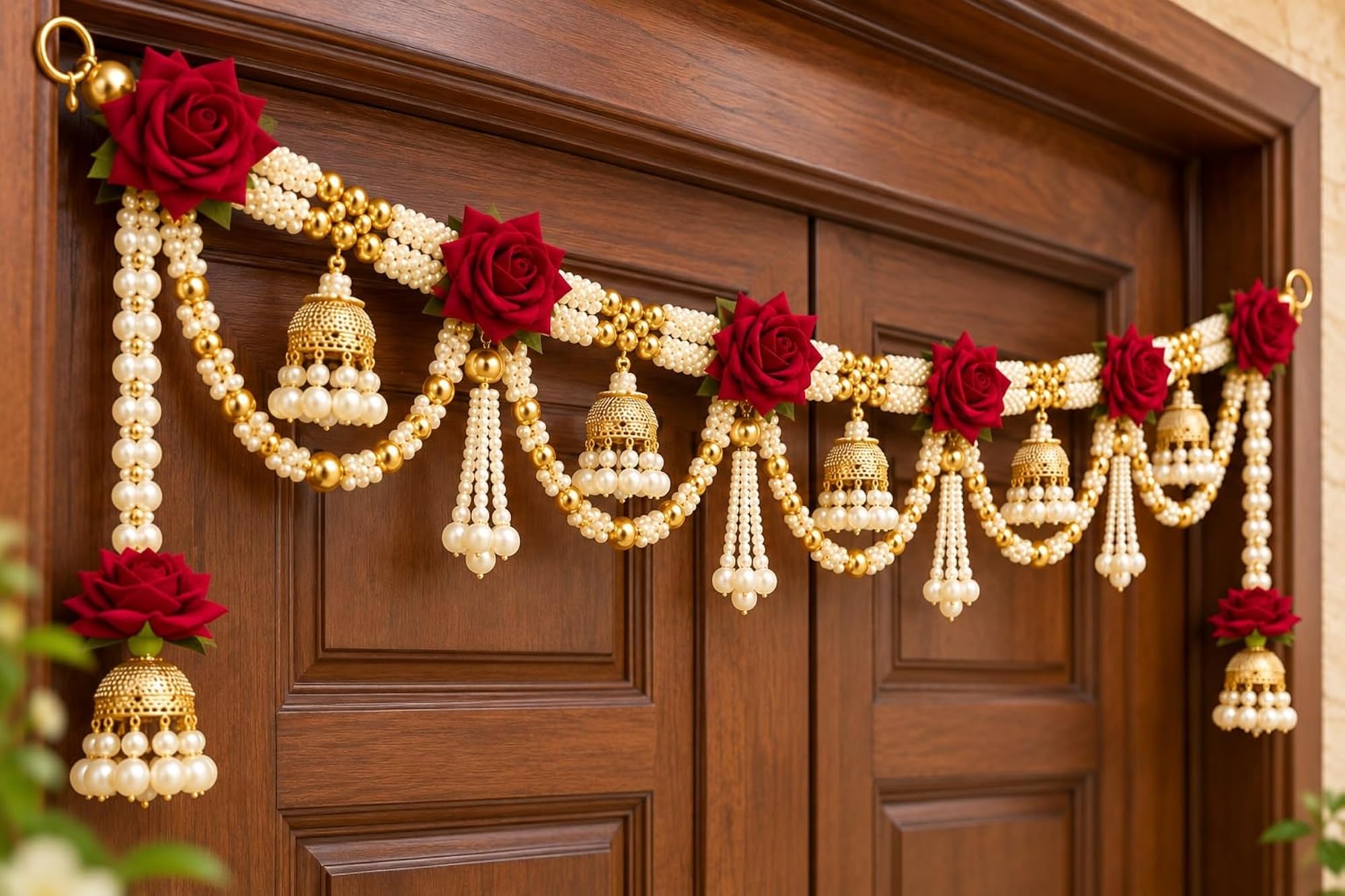 Handcrafted White Moti Toran with Decorative Golden Balls
