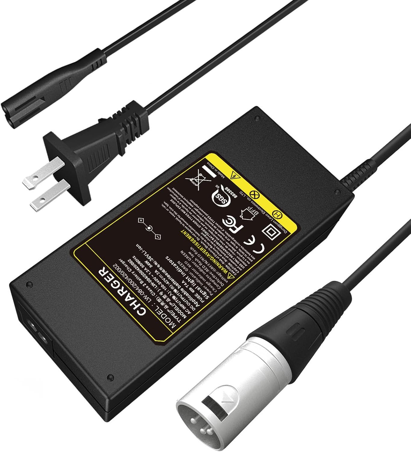 Futurebatt Electric Bike Battery Charger Output 42v 2a with 3-Pin XLR Connector Male for 36V Ebike Battery Adapter Power Cord