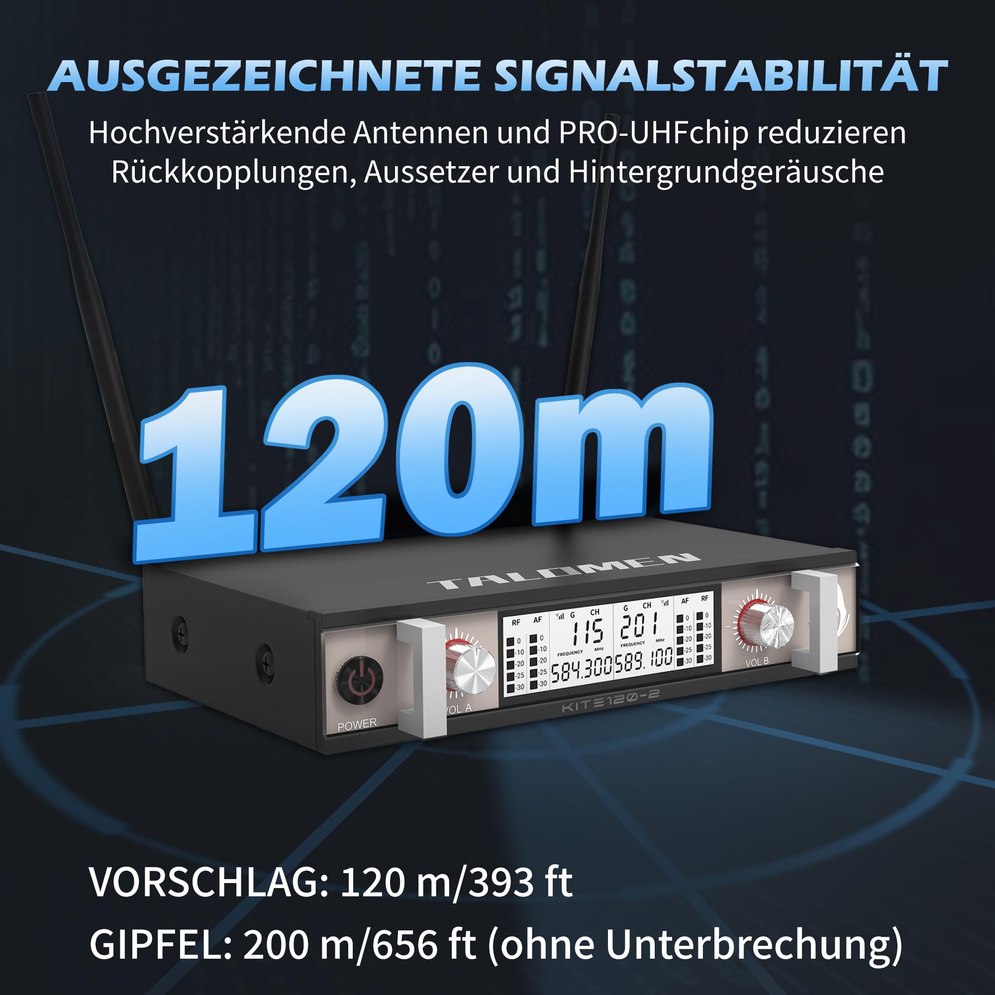 talomen UHF Funkmikrofon Set, 2 Kabellose Handmikrofone aus Metall, Dynamische Mikrofone mit Auto-Scan, 120 m Reichweite, Dual Channel Empfänger, für Gesang, Karaoke, Party, DJ, Kirche – K120 Schwarz