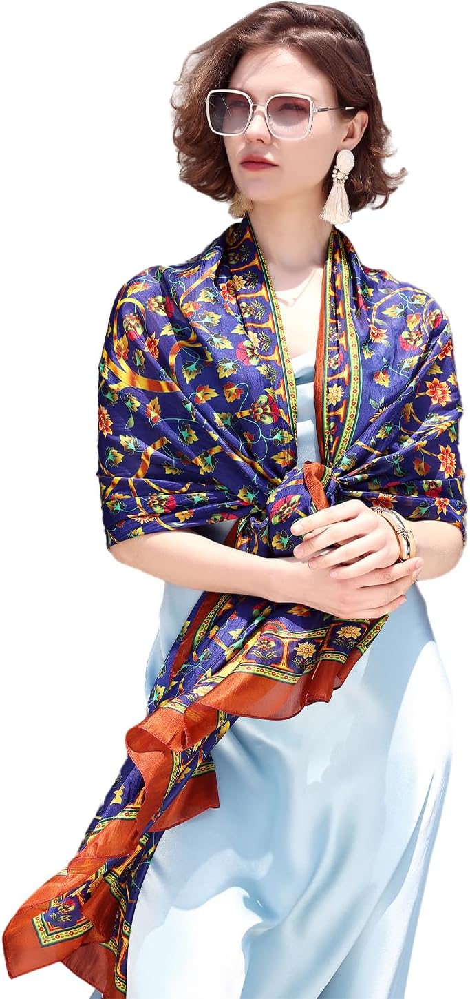 DANA XU Women's 100% Mulberry Satin Silk Pashmina Shawl Wraps Extra Large Floral Scarf for Evening Dresses, Soft Oversized