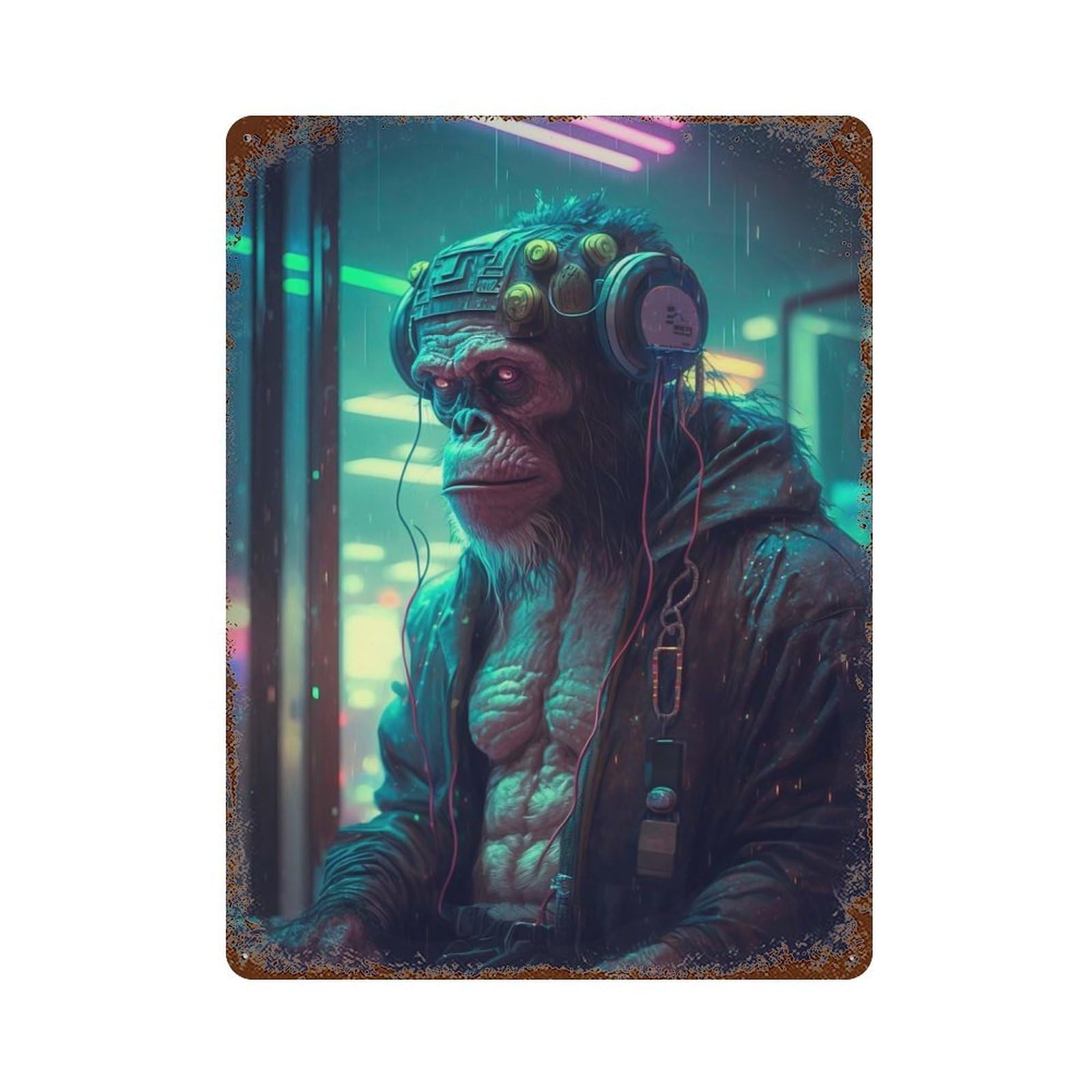 Futuristic Chimpanzee Aged Metal Wall Plaque 15.7"x11.8", Decorative Metal Wall Art for Garage, Pub Or Kitchen