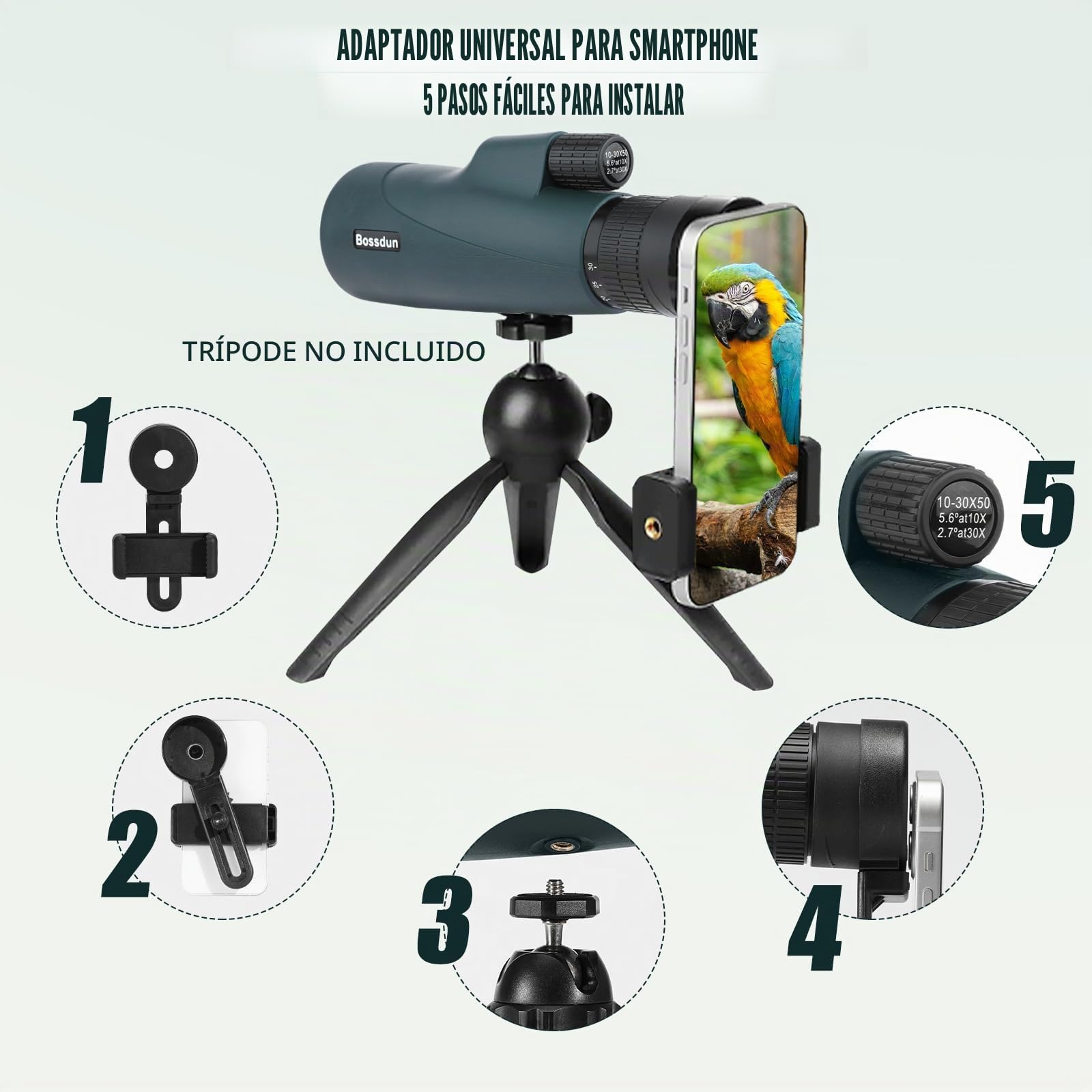 Telescopio Monocular 10-30x50 para Adultos, Telescopio Monocular Resistente al Agua HD con Teléfono Inteligente para Observación de Aves, Senderismo,Caza, Camping, Viajes (Green)