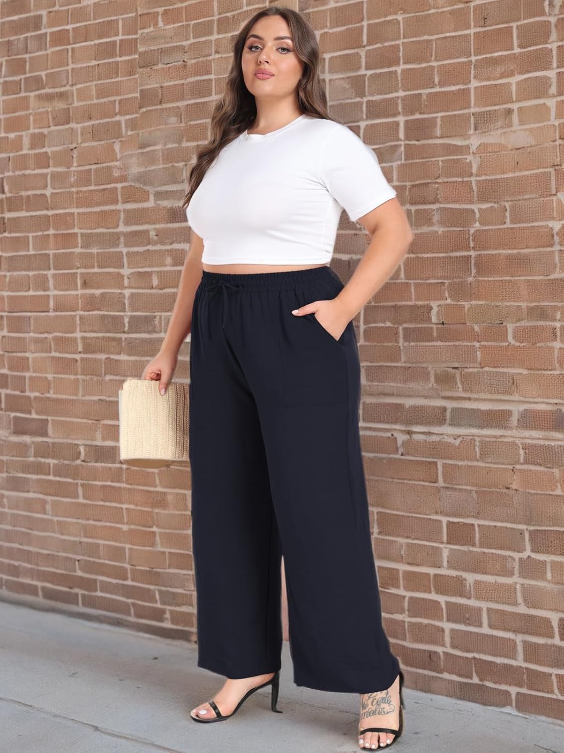 Lastshe Women's Plus Size Wide Leg Pants High Waist Loose Casual Palazzo Trousers with Pockets Spring Clothes - Image 9