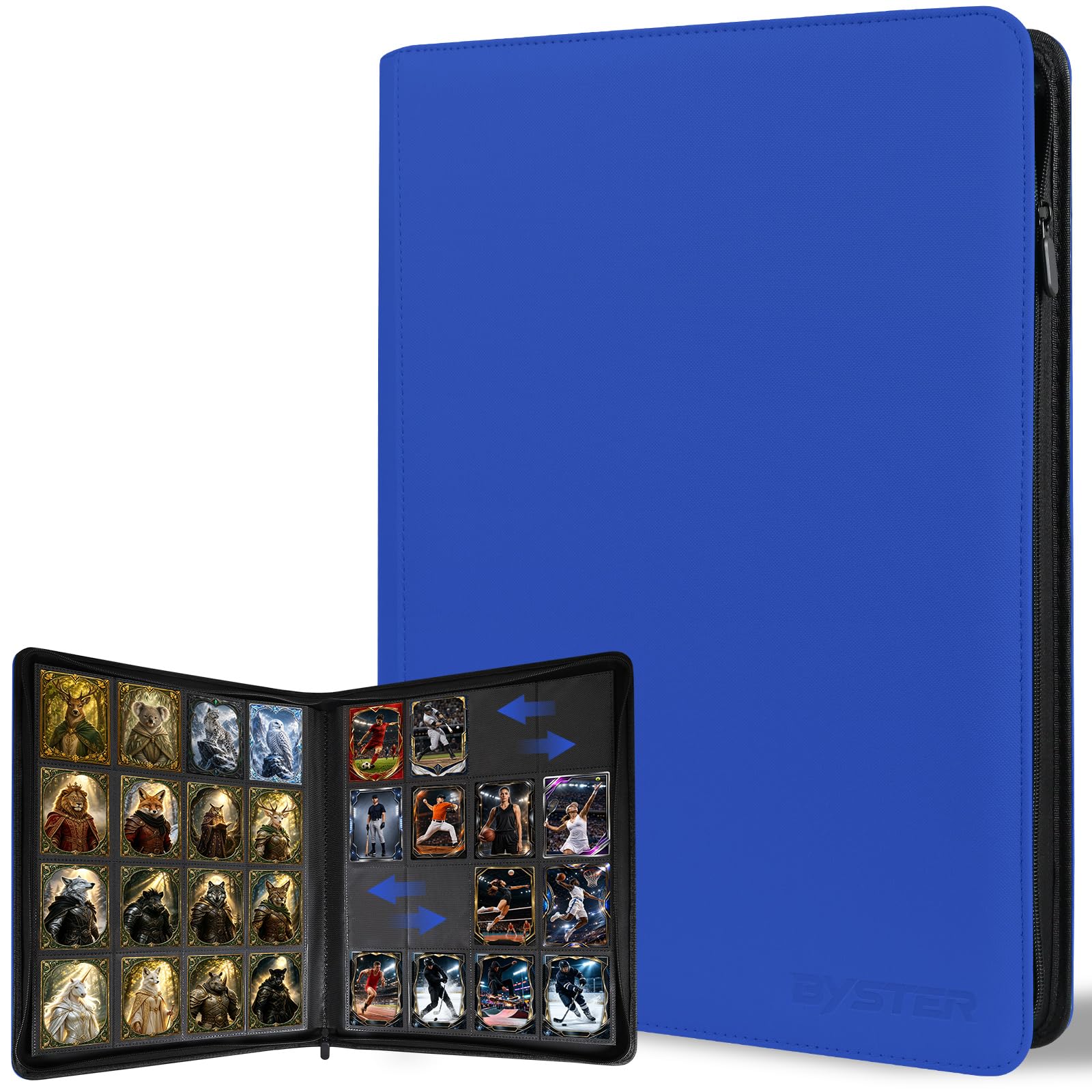 BYSTER Carpeta de tarjetas de poliuretano de alta calidad con 16 bolsillos con cremallera, color azul | Carpeta de carga lateral de 640 unidades para TCG, MTG, tarjetas deportivas, tarjetas de juego