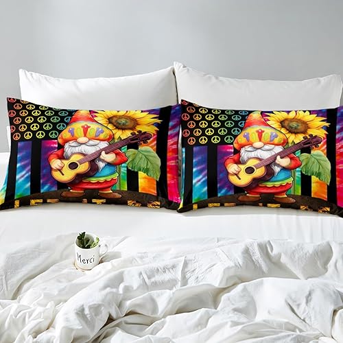 Miniatura 4 de Manfei Juego de funda de edredón con símbolo de paz para niños, tamaño King, bonita funda de edredón de guitarra de gnomo con 2 fundas de almohada,