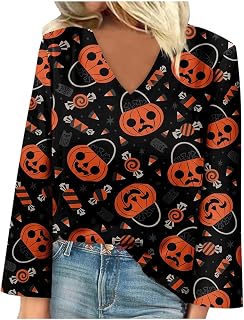 KEXIMIXUE Crop Tops for Women Halloween Elastic Sexy Low Cut Undershirt Womens Home Long Sleeve Bagg Pattern V Neck Undershirt Womens