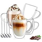 DINGPAl 4 Pack Double Wall Glass Coffee Mugs, 12 oz Walled Insulated Cappuccino Mug Heat Resistant Borosilicate Glass Coffee Cups with Handle and Spoon for Latte, Espresso, Americano, Hot/Cold Drink