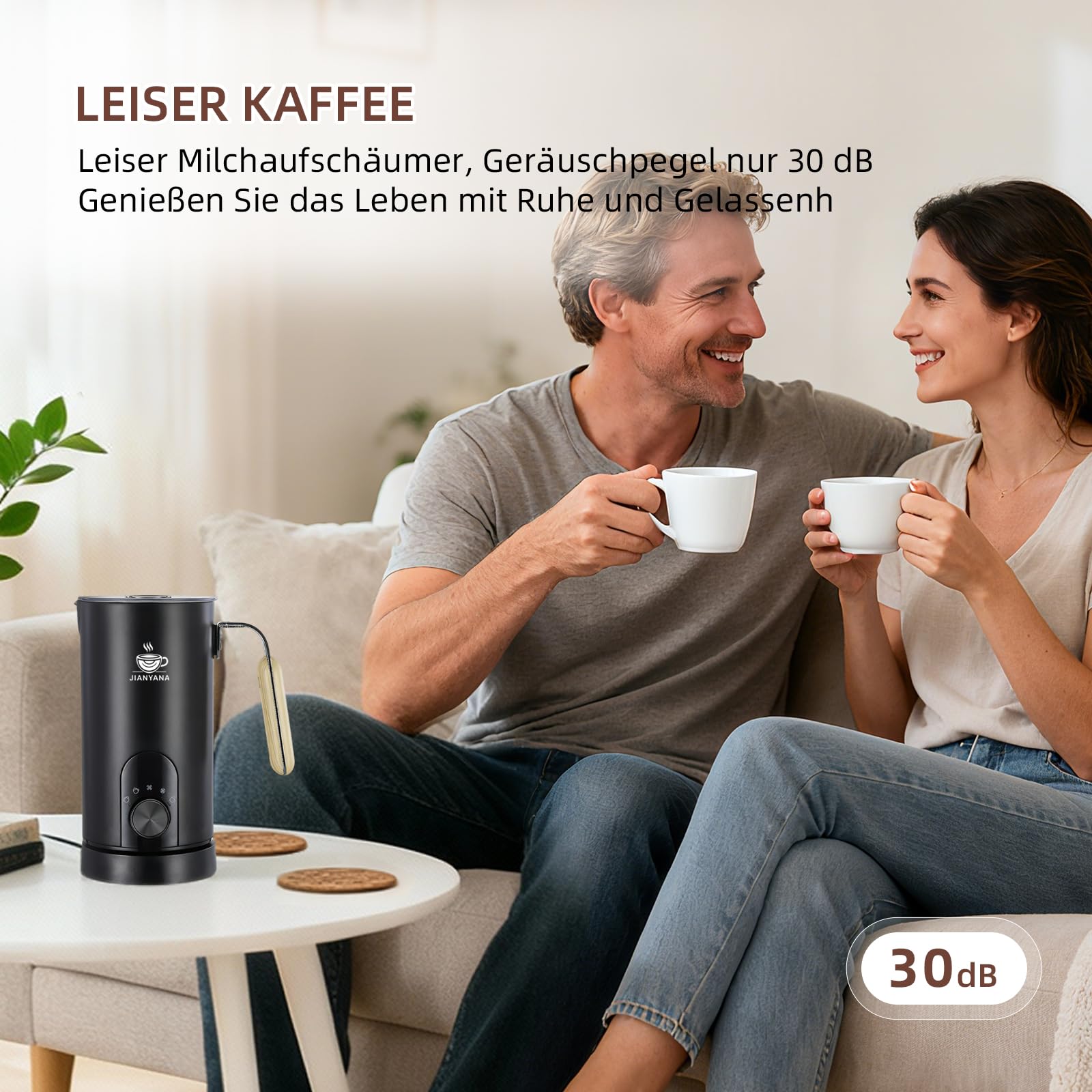 JIANYANA Elektrischer Milchaufschäumer 5-in-1,350ml Edelstahl Milchschäumer Heiß & Kalt mit,Leise,Für Dicken Schaum,Dünnen Schaum,Heiße Milch–Inkl.Schneebesen für Cappuccino,Latte,Kakao (Schwarz)