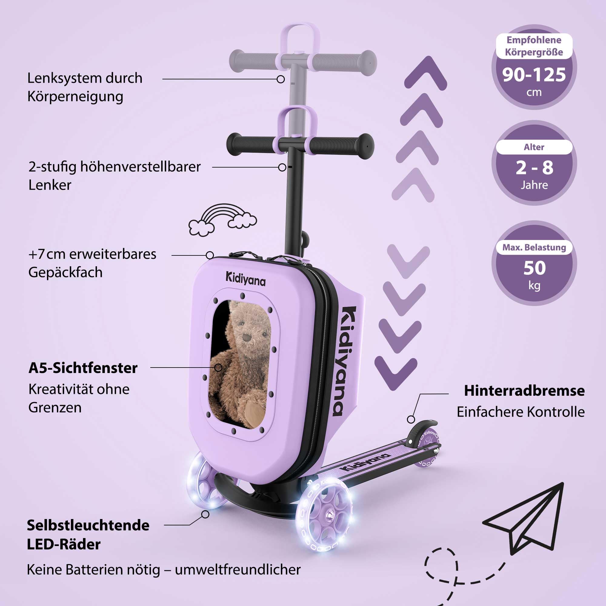Kinder Scooter mit Koffer, Handgepäck Koffer mit Roller, LED-Rädern, Höhenverstellbarer Lenker, A5 Sichtfenster, 7cm Stauraumerweiterung, Kleinkind Geschenk für 2–8 Jahre, Bis 50kg, Lila
