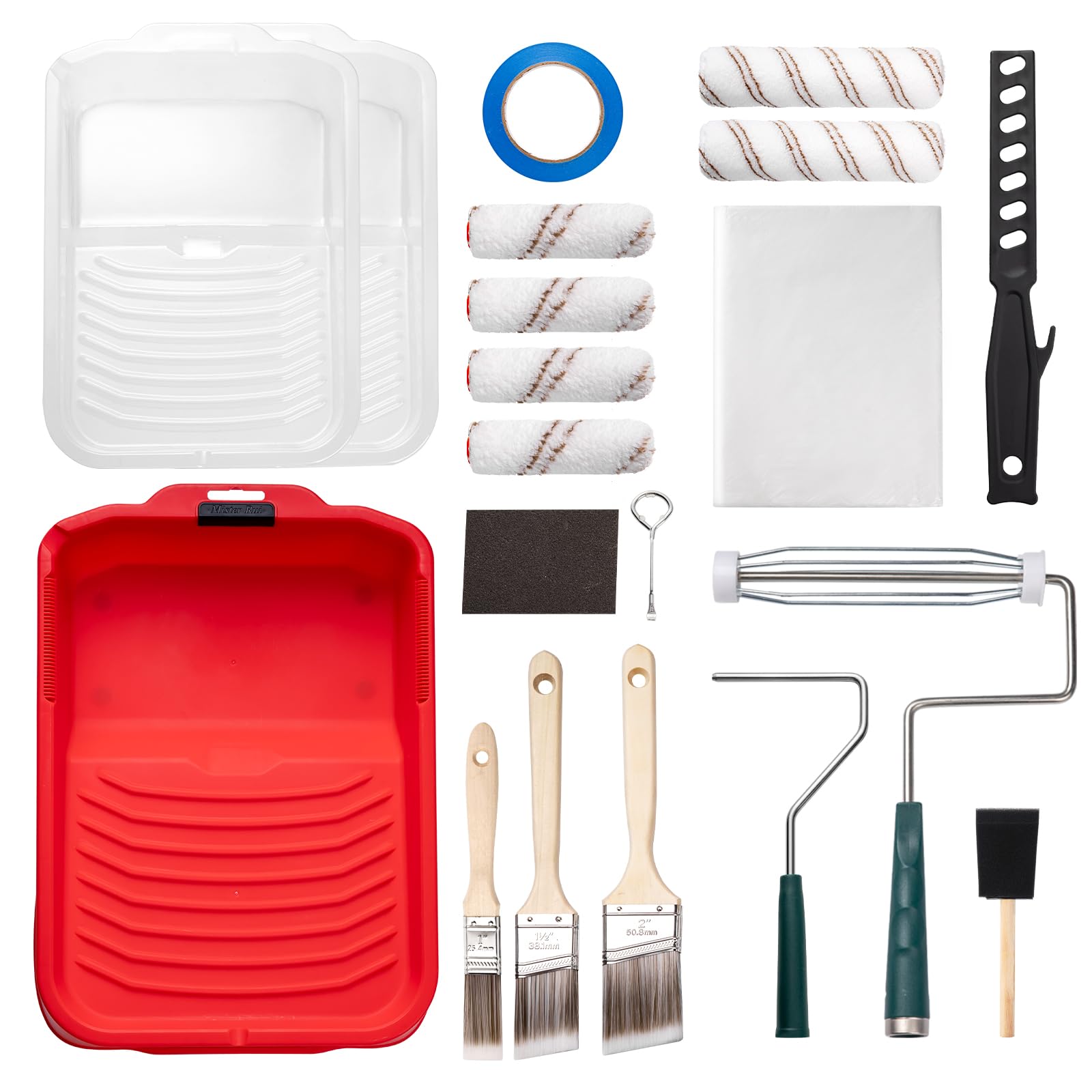 Mister Rui 20-Piece Paint Roller Kit with Non-Slip Tray, Microfiber Roller Covers, Brushes, Drop Cloth, and More for DIY & Professional Painting Projects - Complete Set for Home Improvement