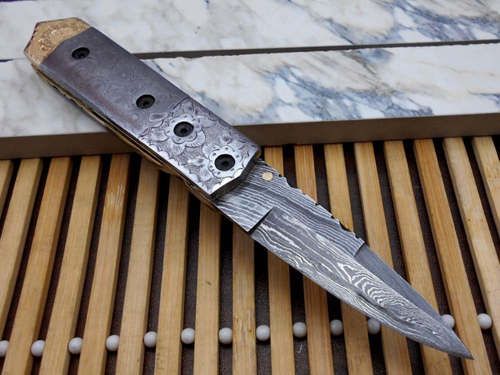 7.5" Long Folding Knife Damascus Steel Blade and Scale with Engraved Brass, 3" Hand Forged Blade with Thumb knob, Cow Hide Leather Sheath