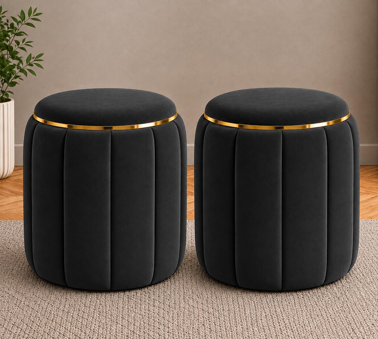 luxury velvet ottoman stool with gold accent trim, round upholstered footstool for living room, bedroom, dressing table, vanity, side seating & home décor (set of 2) (black)