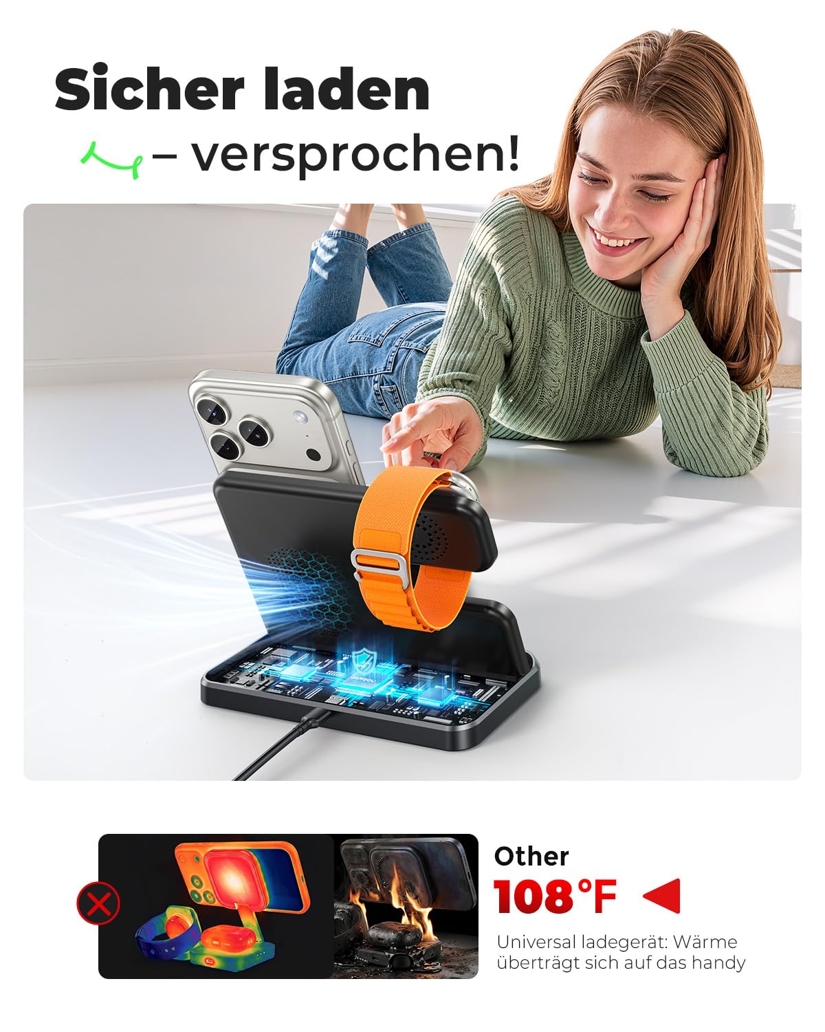 JARGOU 3 in 1 Kabellose Ladestation für Apple, Induktive Ladestation für iPhone 17 Pro Max 16 15 14-8, Wireless Charger für Apple Watch 11/Ultra 3/10/9/8/7/6 & AirPods Pro 4 3 2 - Ohne Kabelchaos