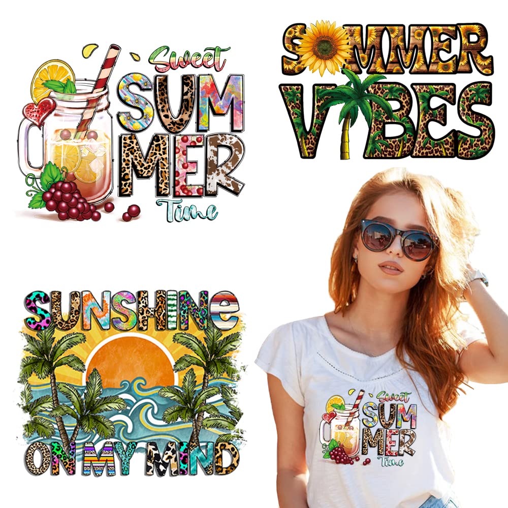 Summer Iron on Transfers Stickers Beach Style Iron on Patches Decals Sunshine Sunflowers Palm Tree Fruits Design Tropical Theme Heat Press Patches for Clothing Pillow Cover Backpacks Decorations 3Pcs