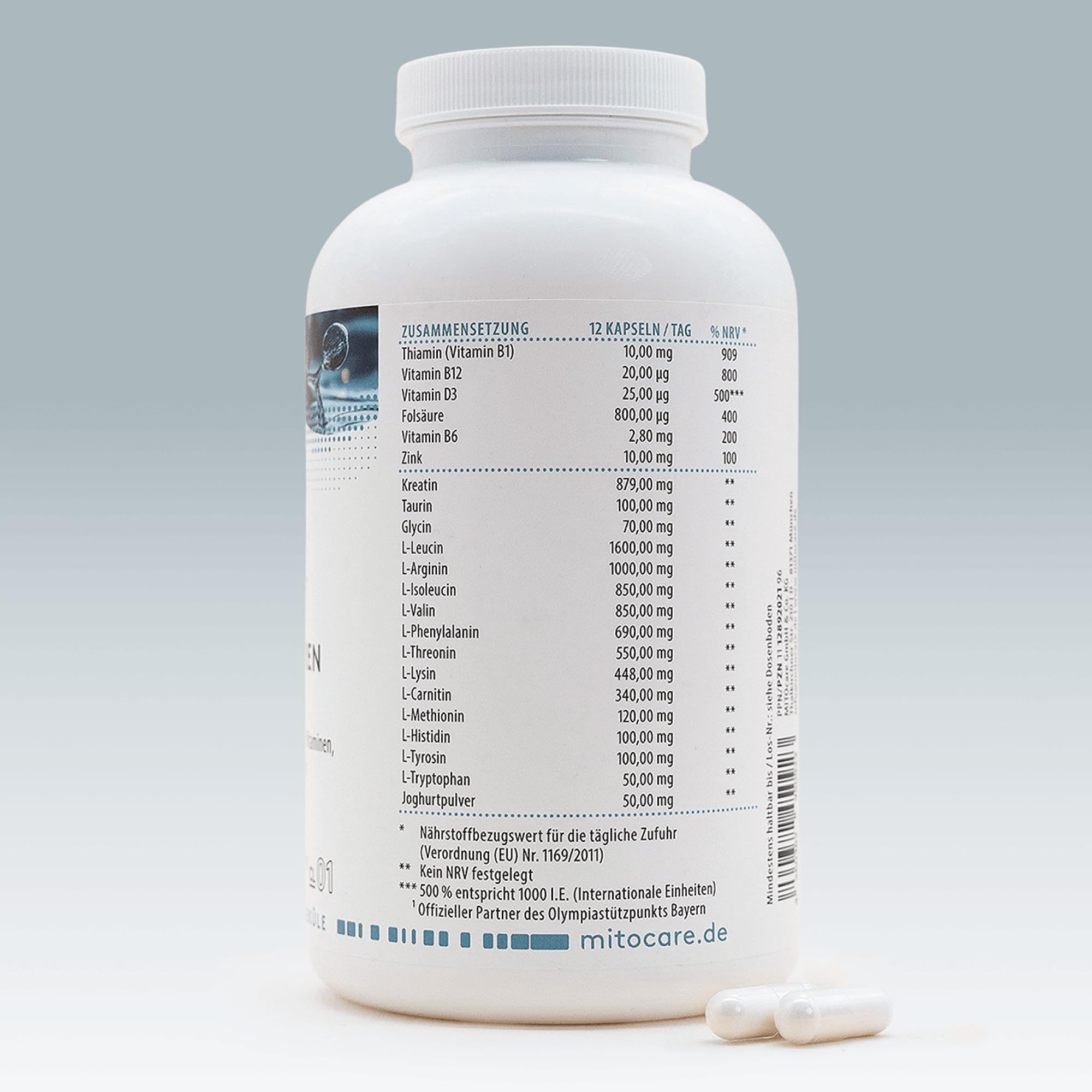 MITOcare Aminosäuren Sport - Aminosäuren Komplex hochdosiert - L-Glutamin, L-Theanin, L-Arginin & L-Leucin - Für Sport & Bewegung - Monatspackung mit 360 Kapseln - Produziert in Deutschland