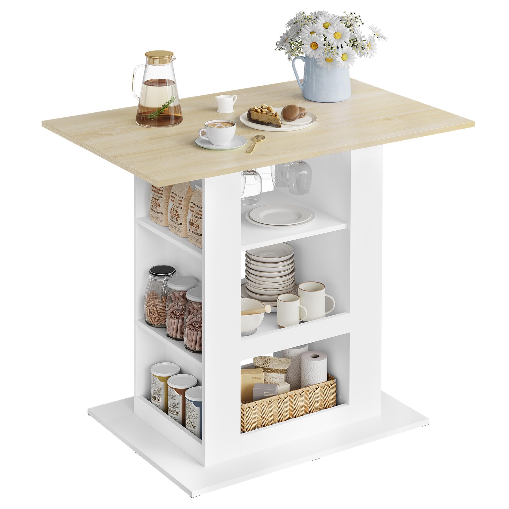 WOLTU Mesa de Bar con Estantes, Mesa Cocina Alta con Estanteria Almacenaje, Mesa Bistró con Portavasos, Mesa Auxiliar para Isla Cocina, Salón y Comedor, Roble Claro + Blanco, 105x94x68 cm