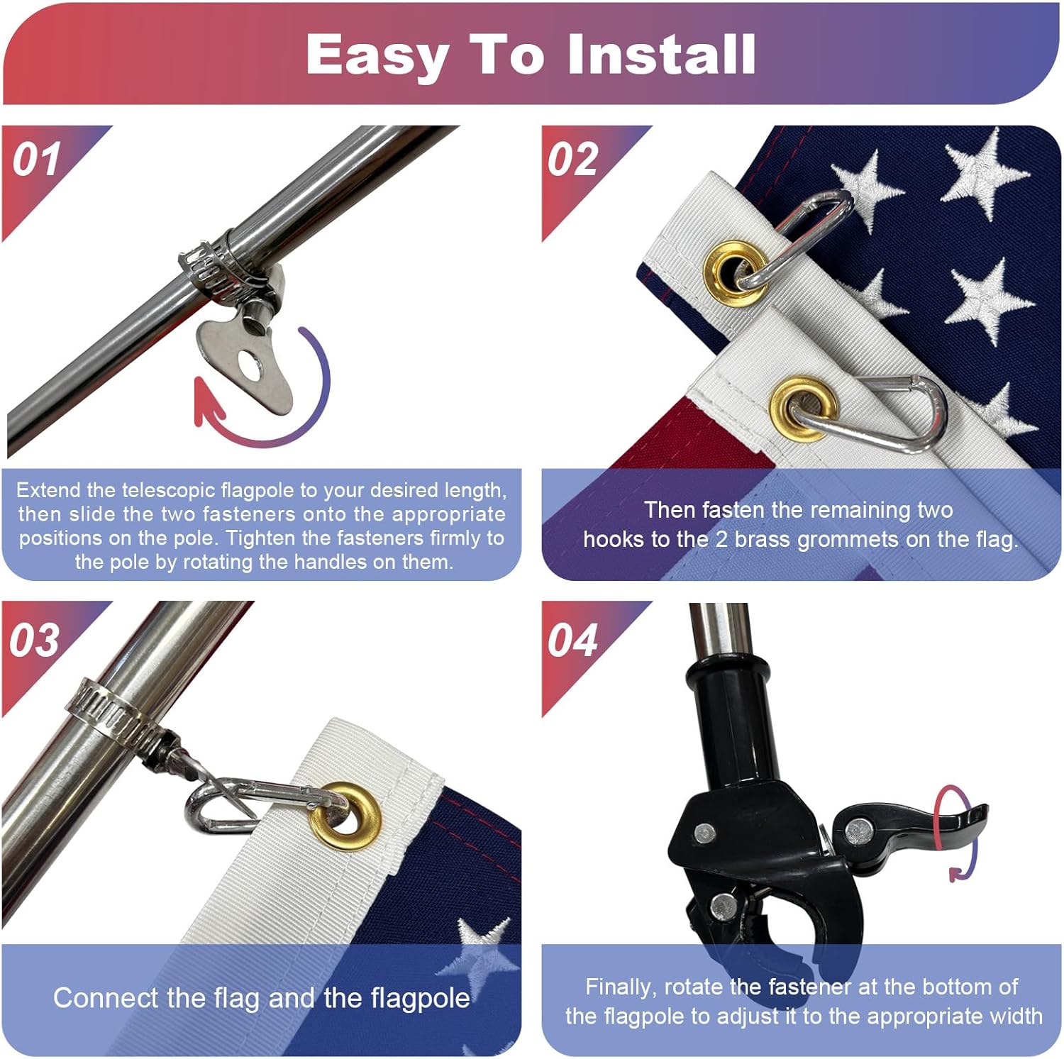 American Boat Flag with Pole, Embroidered Small USA ATV UTV Flag 12x18 inch for Boat with 53'' Adjustable Retractable Heavy Duty Flagpole Kit - Image 4