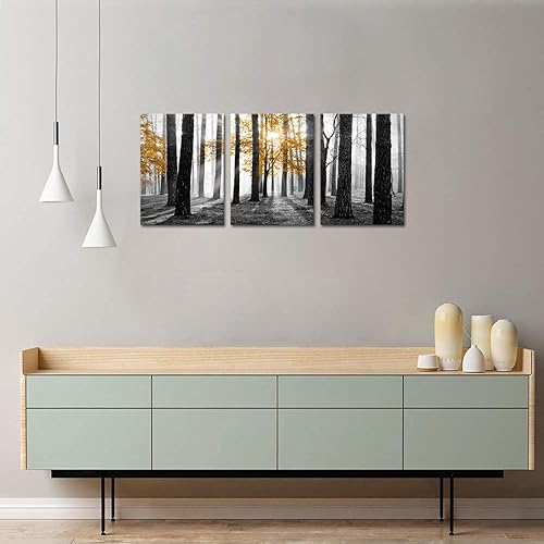 Miniatura 2 de Kalormore 3 piezas de lienzo en blanco y negro para decoración de pared, árbol amarillo, otoño, naturaleza, arte contemporáneo para sala de estar,