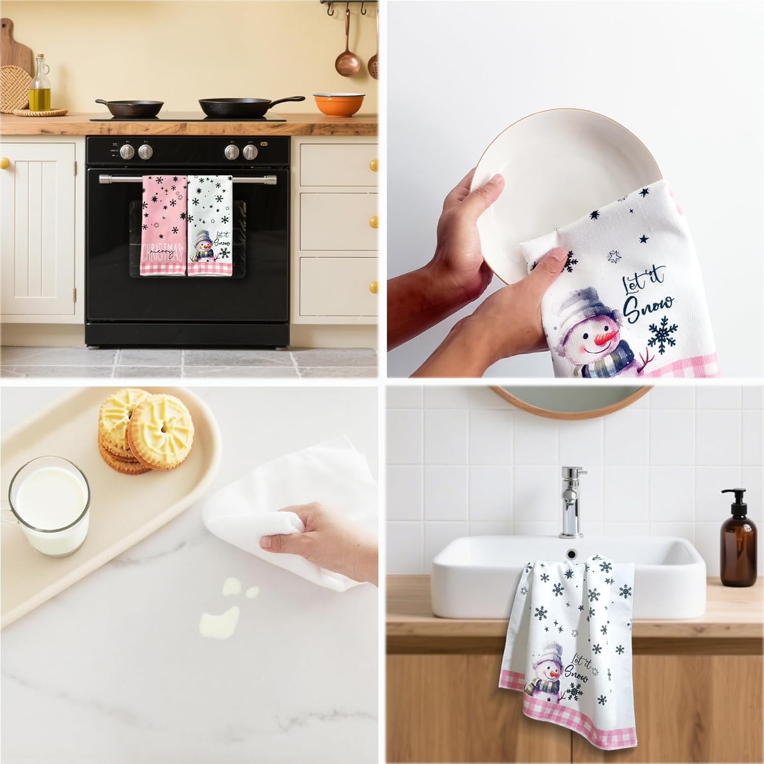 Merry Christmas Kitchen Towels Set of 2,Funny Snowman Dish Towels Holiday Home Indoor Bathroom Party Seasonal Decorations,Cute Pink Buffalo Plaid Farmhouse Decor,Winter Hand Towels - Image 8