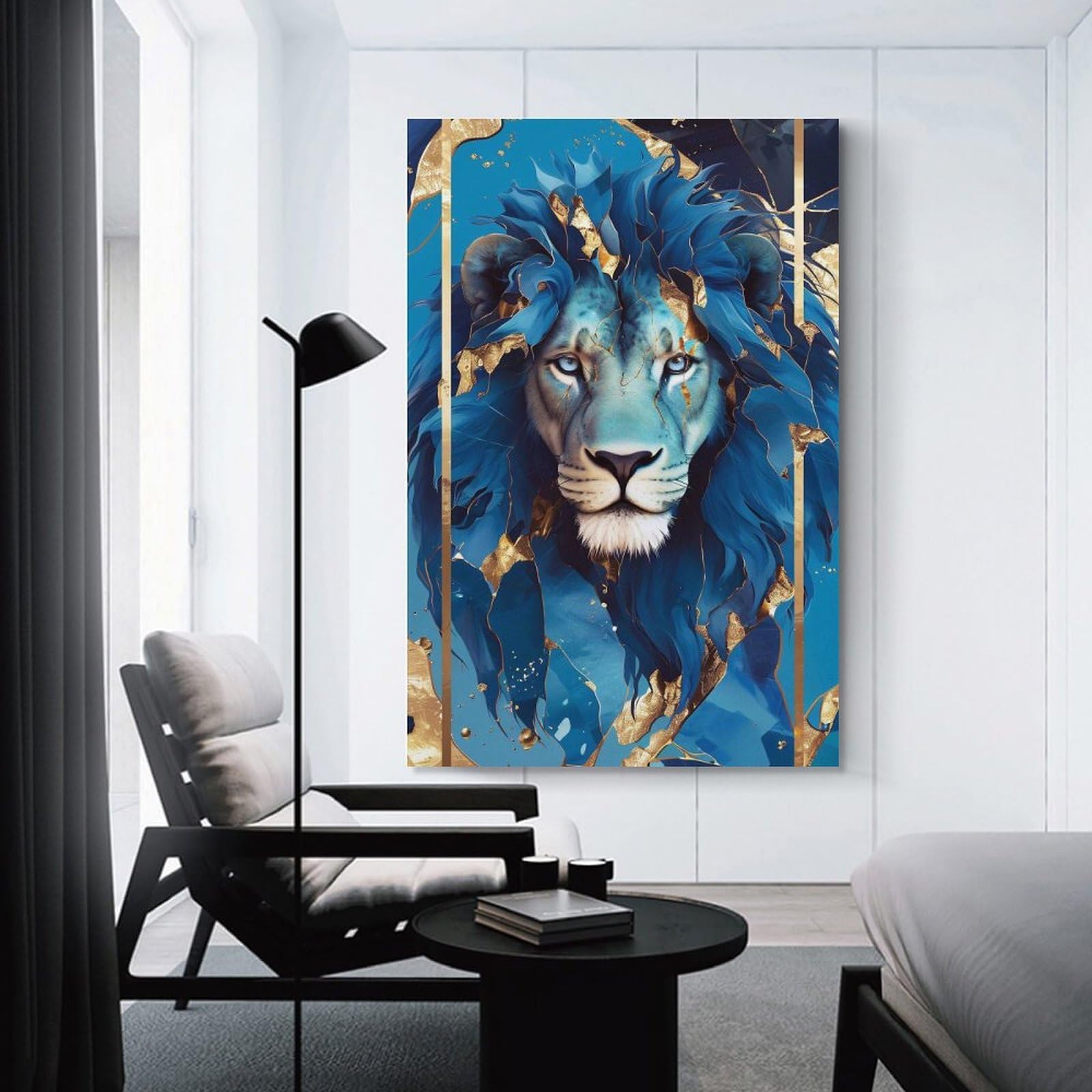 Junmoney Blue And Gold Lion Portrait Canvas Wall Decor, 20x30inch(50x75cm), for Home Walls, Creative Rooms Or Shared Spaces, Stylish Home Artwork for Focal Walls