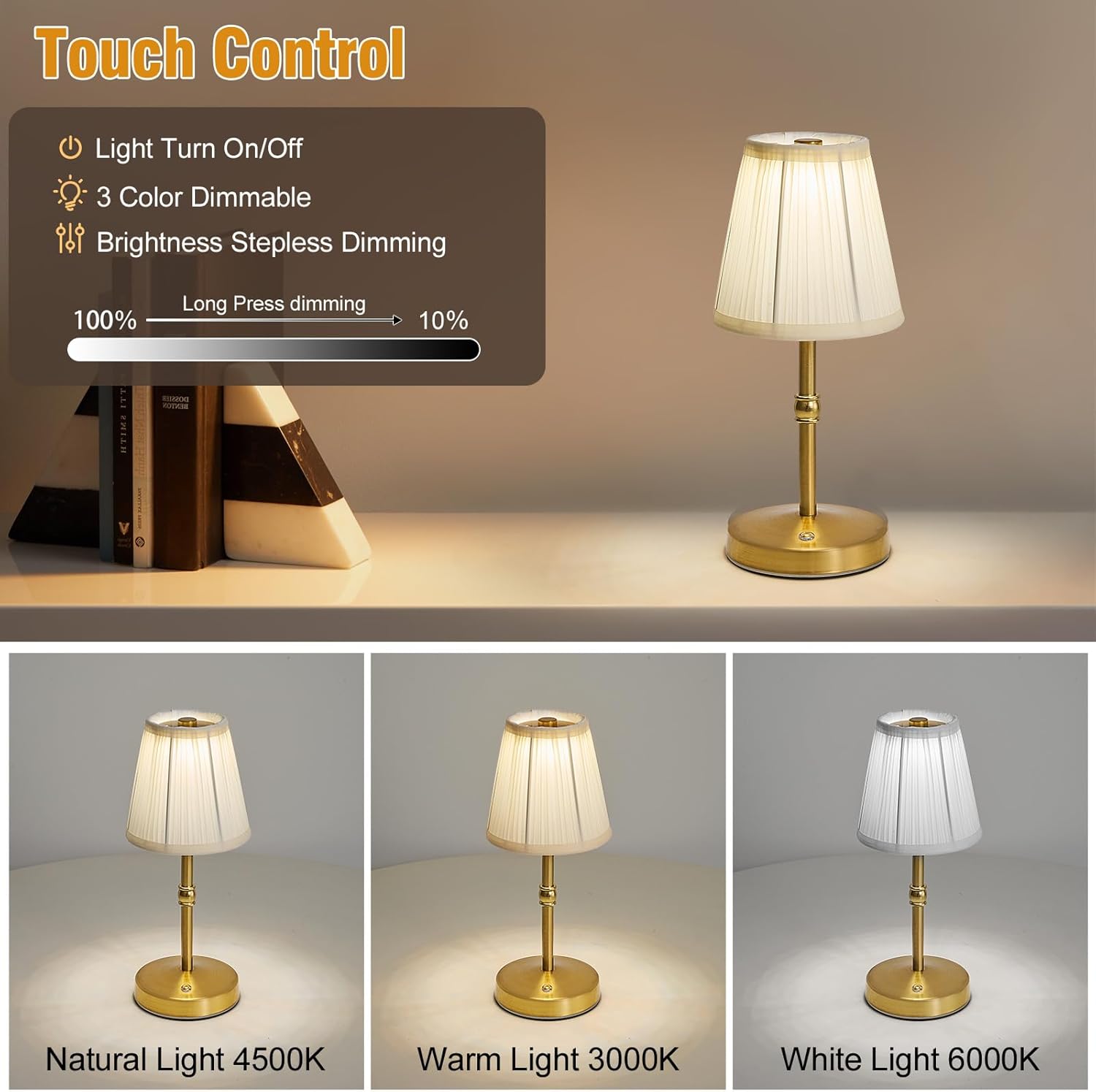 3000mah Battery Powered Lamp for Home,Small Cordless Lamps Rechargeable,3 Color Temperature 5W LED Touch Lamp Battery Operated Table Lights,Wireless Lamps for Tables,Kitchen,Living Room (Gold,H11”)