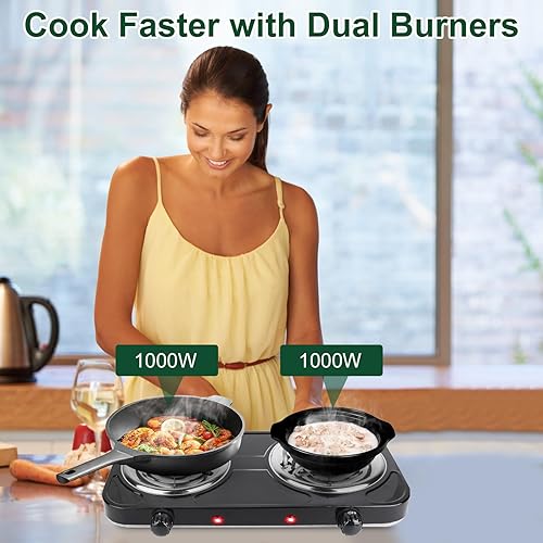 Miniatura 2 de Placa de cocción de doble quemador, estufa eléctrica portátil de 2000 W, control de temperatura de 5 niveles, fácil de limpiar, luces indicadoras de