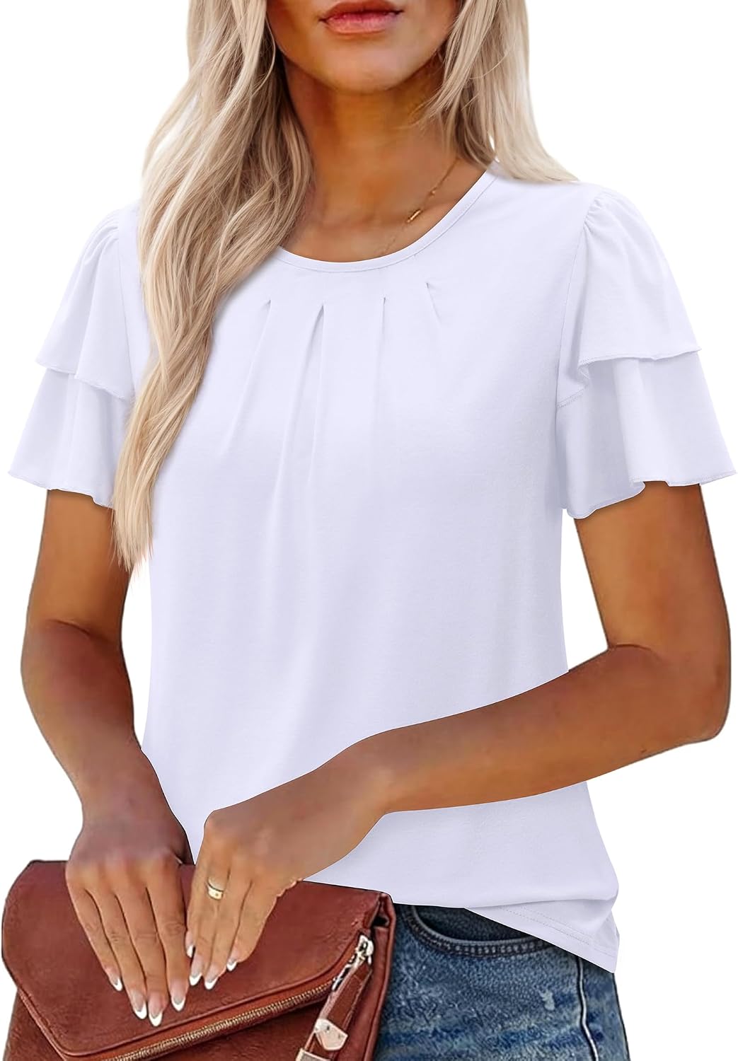 Uhiger Short Puff Sleeve Tops for Women Ruffle Blouse Pleated Summer Shirt Dressy Casual Beach Vacation Clothes