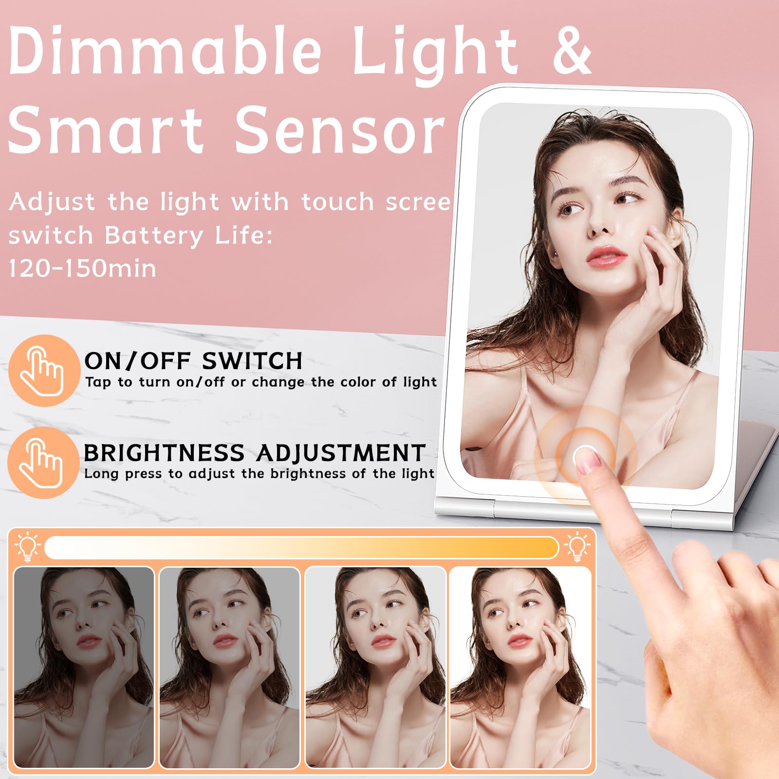 KerMiCi Espejo de maquillaje de viaje con 72 luces LED, espejo de belleza portátil iluminado con espejo de aumento de 10 aumentos