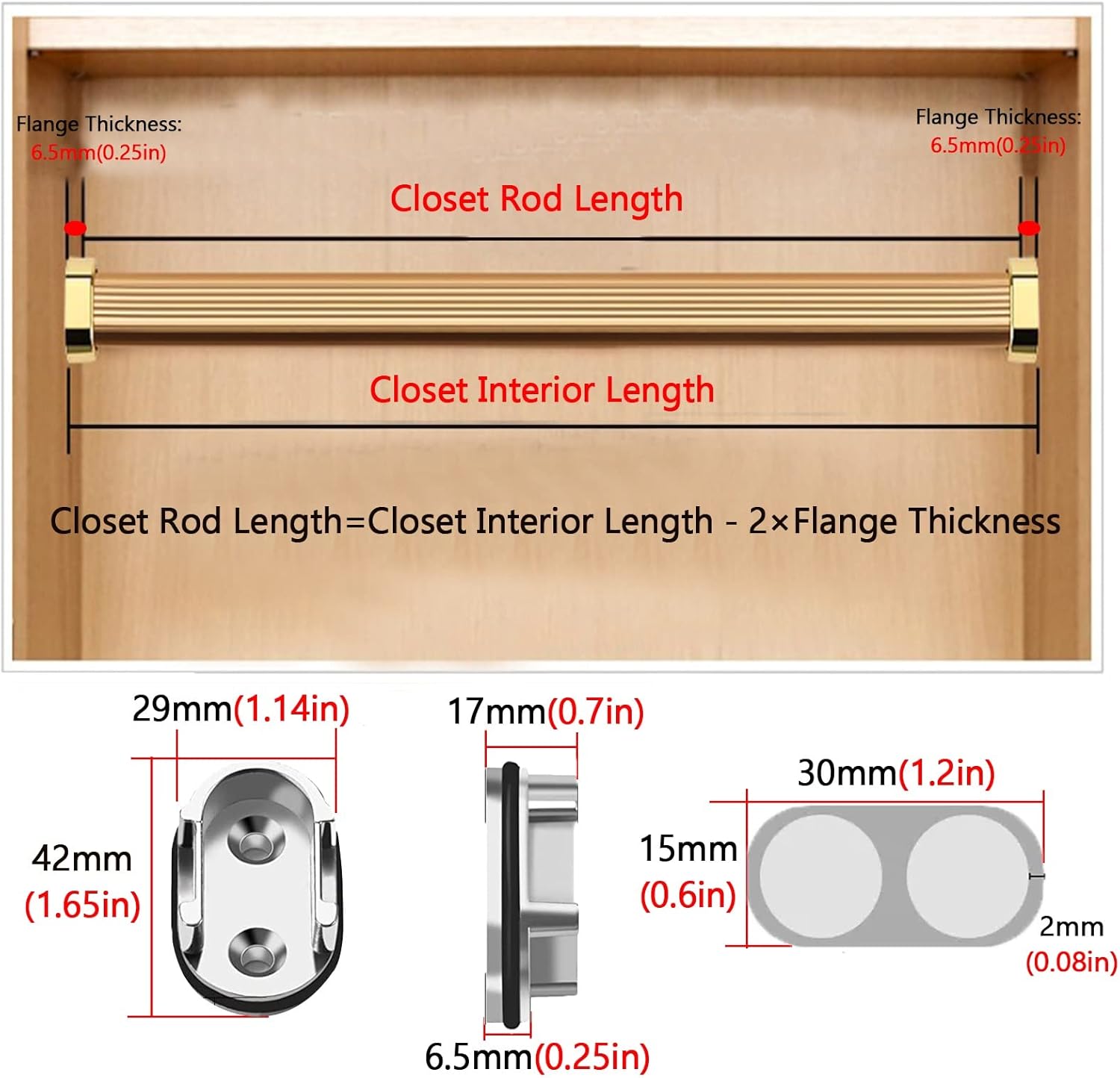 Aluminum Alloy Closet Rod with End Supports Screws,Clothes Hanging Bar,Wall Mounted Oval Polished Chrome Closet Rod,for Bedroom/Laundry Room/Clothing Store Hanging Bar(125cm/49.2in, Gold)