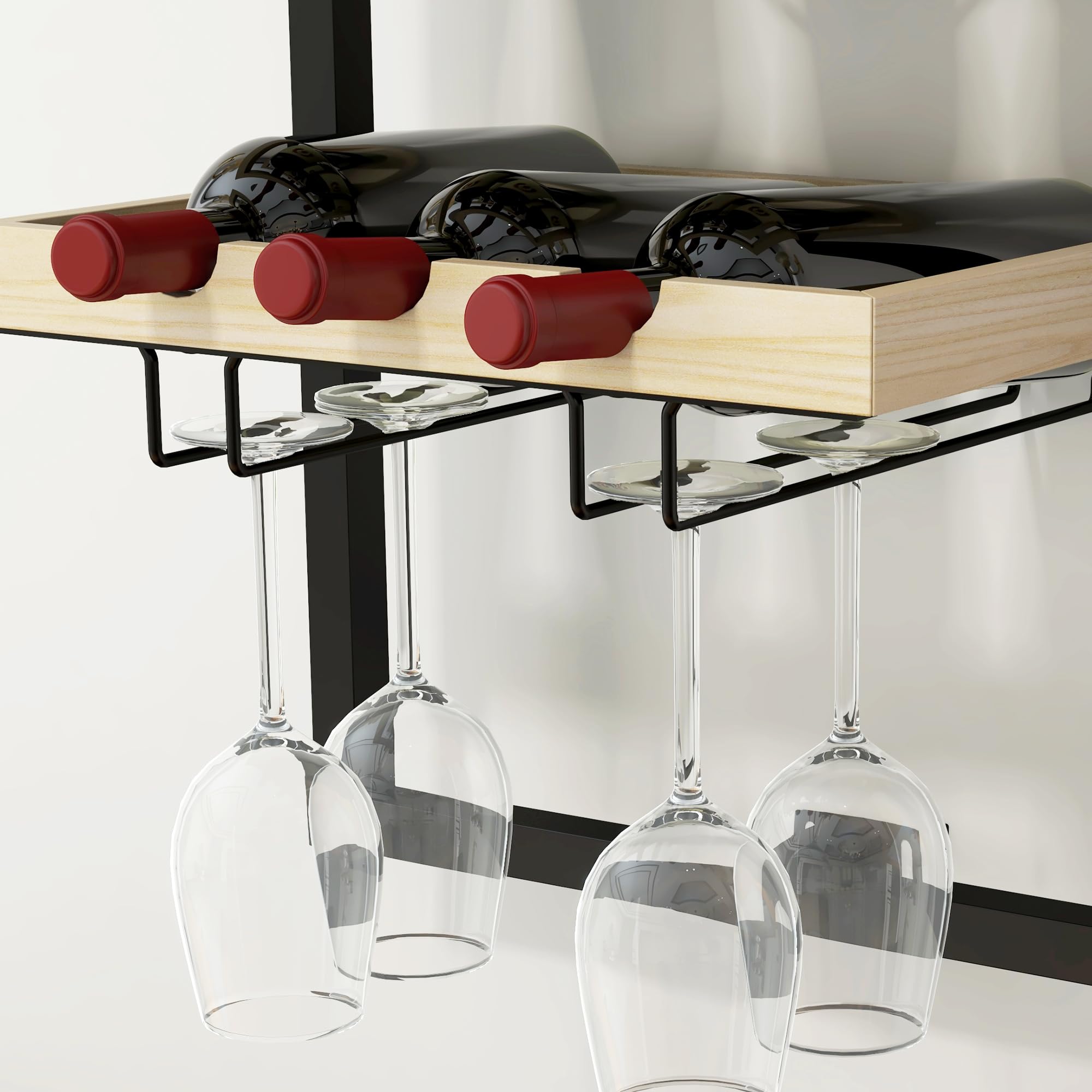 HOMCOM Étagère à vin Murale, Porte-Bouteilles, étagère à Bouteilles 5 Niveaux pour 15 Bouteilles 4 Verres, Bois de pin, 35 x 25 x 86 cm